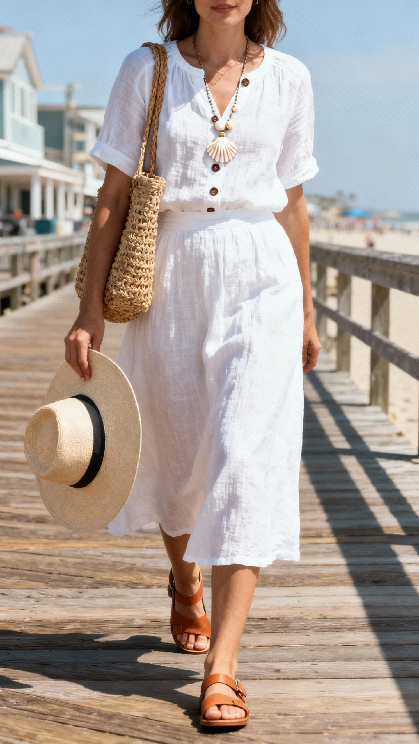 Beach-town photo of a woman in an all-white linen look: white linen midi skirt and matching button-front top, flat tan leather sandals, woven straw tote, shell charm necklace, wide-brim hat in hand, walking by a sunlit boardwalk, face slightly blurred, natural daylight, iPhone photo quality.
