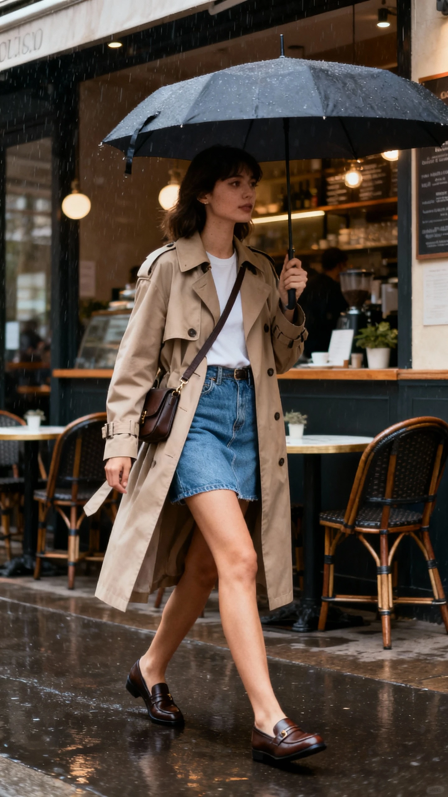 Candid street photo of a woman wearing a denim mini skirt under a classic trench coat with loafers and a crossbody, strolling past a cafe in the rain with an umbrella, face in shadow, overcast natural light, iPhone photo quality.