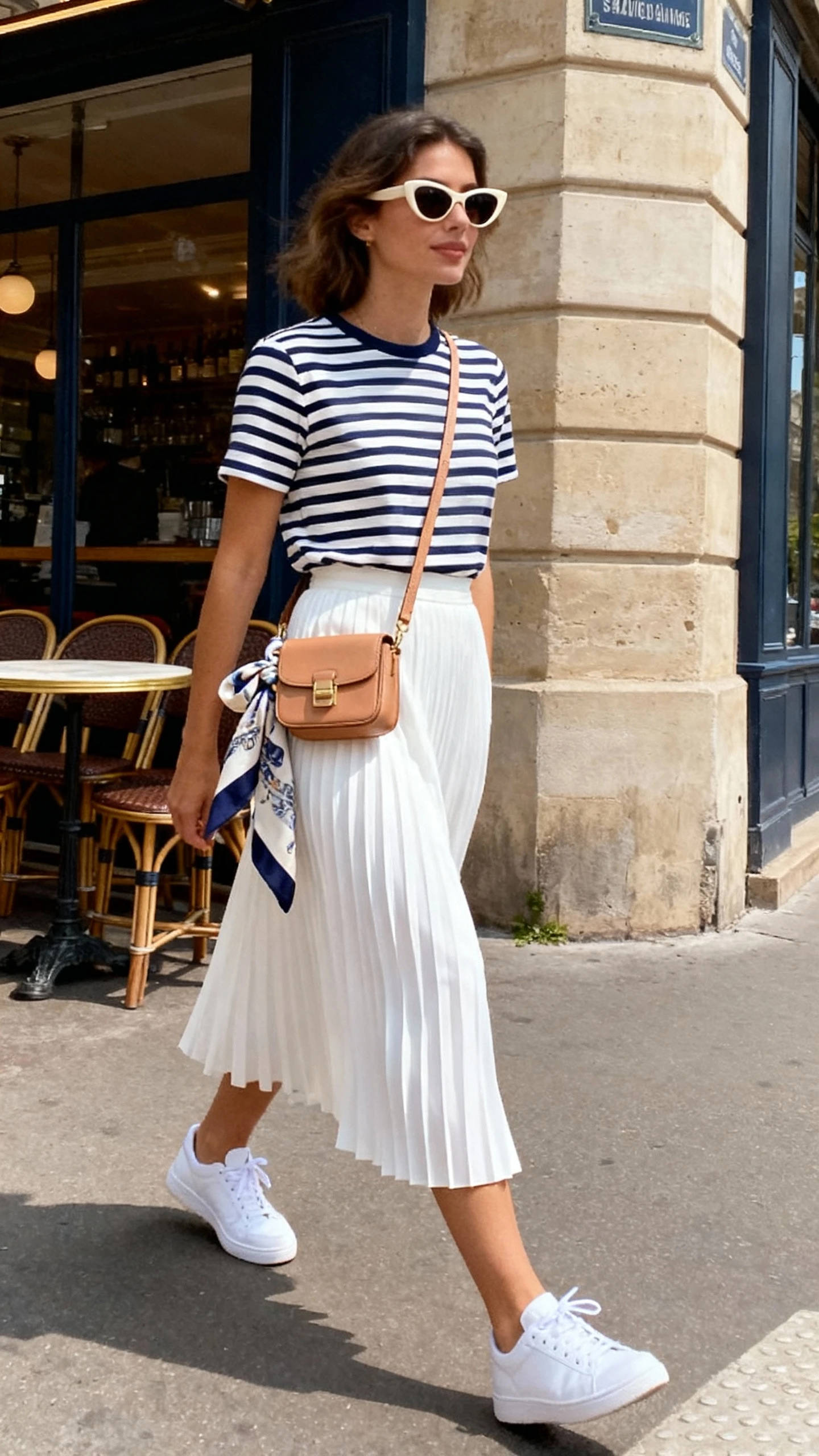 Casual photo of a woman in a white pleated midi skirt, navy-and-white Breton stripe tee, classic white sneakers, tan mini crossbody, cat-eye sunglasses, silk scarf tied to her bag, strolling by a corner cafe in Parisian-style street, face slightly blurred, soft daylight, iPhone photo quality.