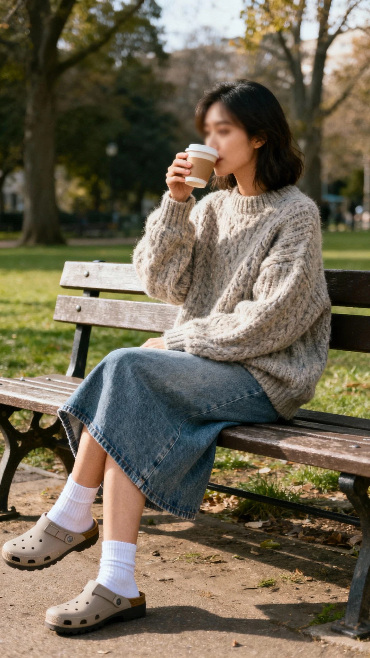 Cozy candid of a woman in an oversized chunky sweater with a medium-wash denim skirt and ankle socks with clogs, sipping coffee on a park bench, face slightly blurred, soft morning light, iPhone photo quality.