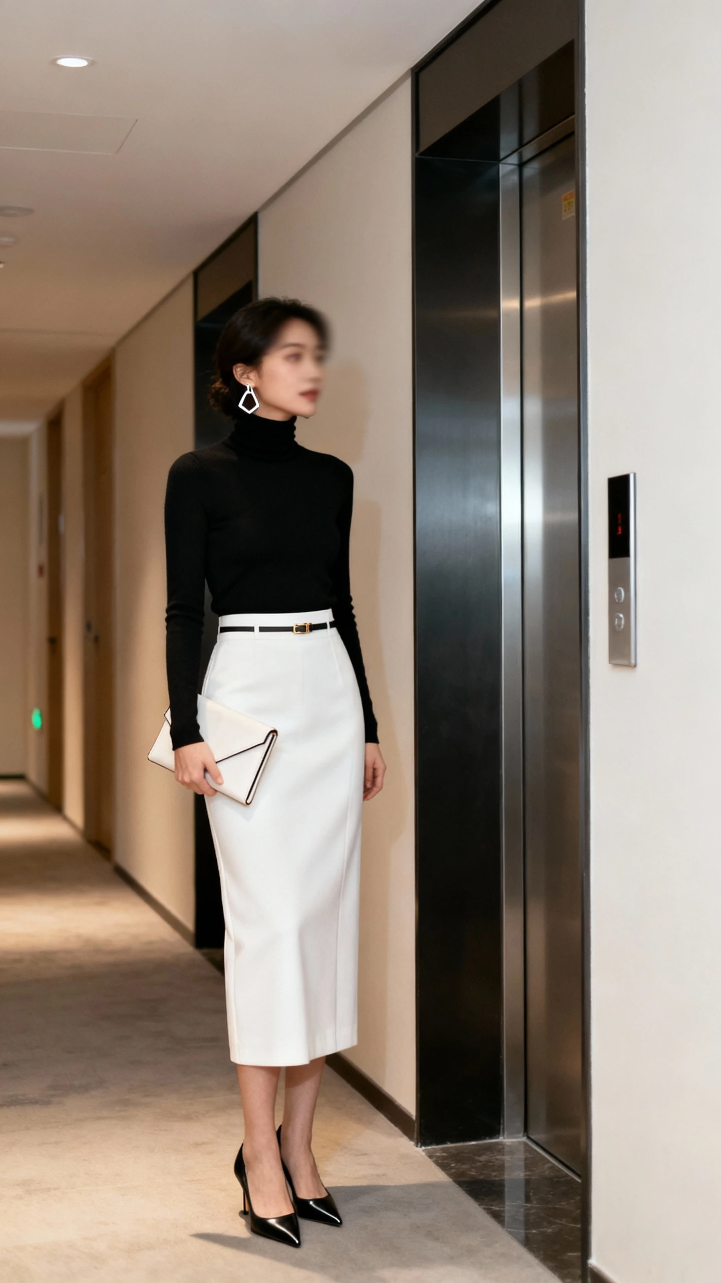 Minimalist hallway shot of a woman in a white straight midi column skirt, fitted black turtleneck, pointed-toe pumps, envelope clutch, thin waist belt, geometric earrings, waiting for an elevator, face slightly blurred, soft indoor light, iPhone photo quality.