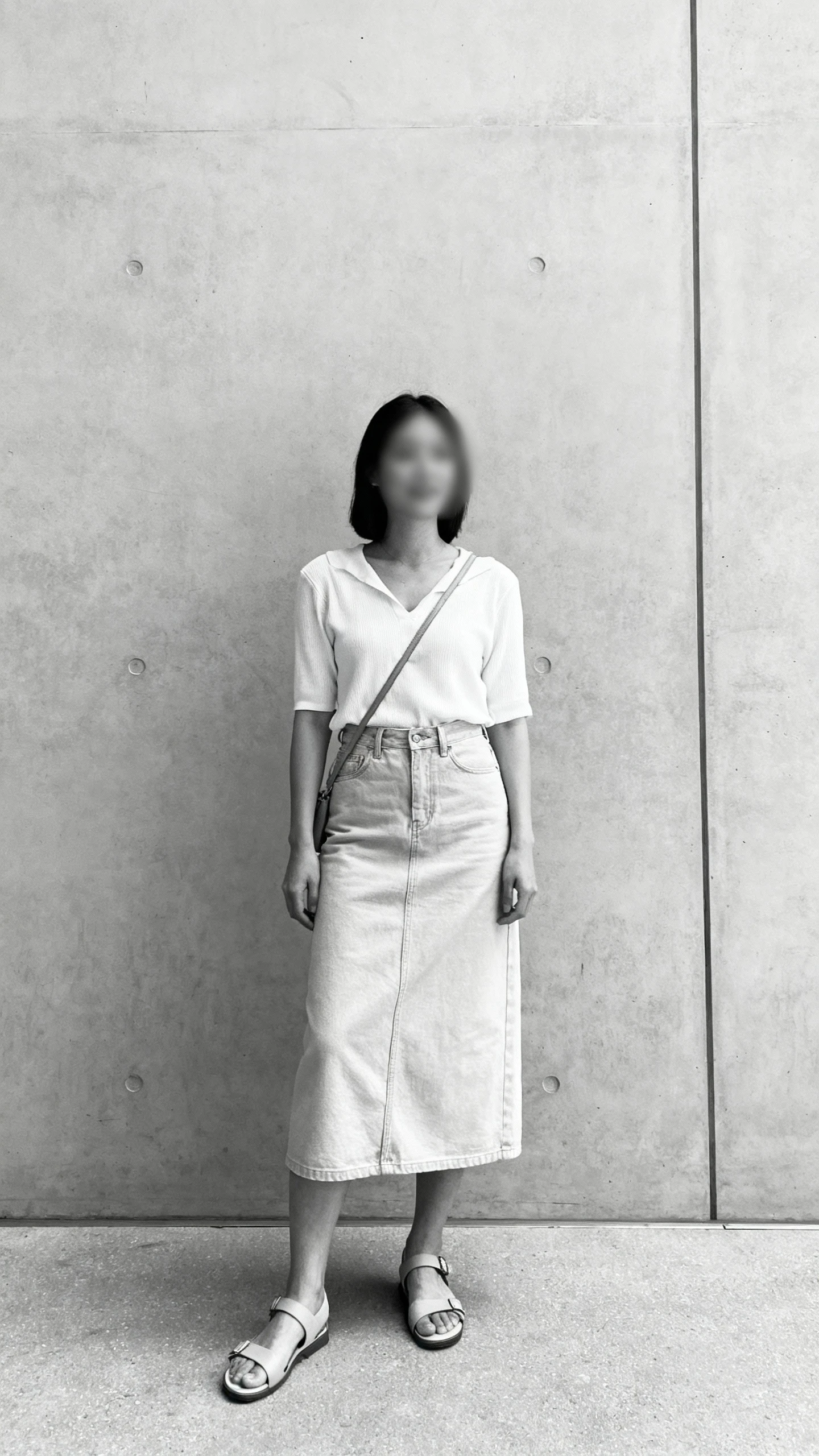 Minimalist monochrome candid of a woman wearing a tonal cream top with a light beige denim skirt, sleek sandals, and a simple crossbody, standing by a clean concrete wall, face slightly blurred, soft daylight, iPhone photo quality.
