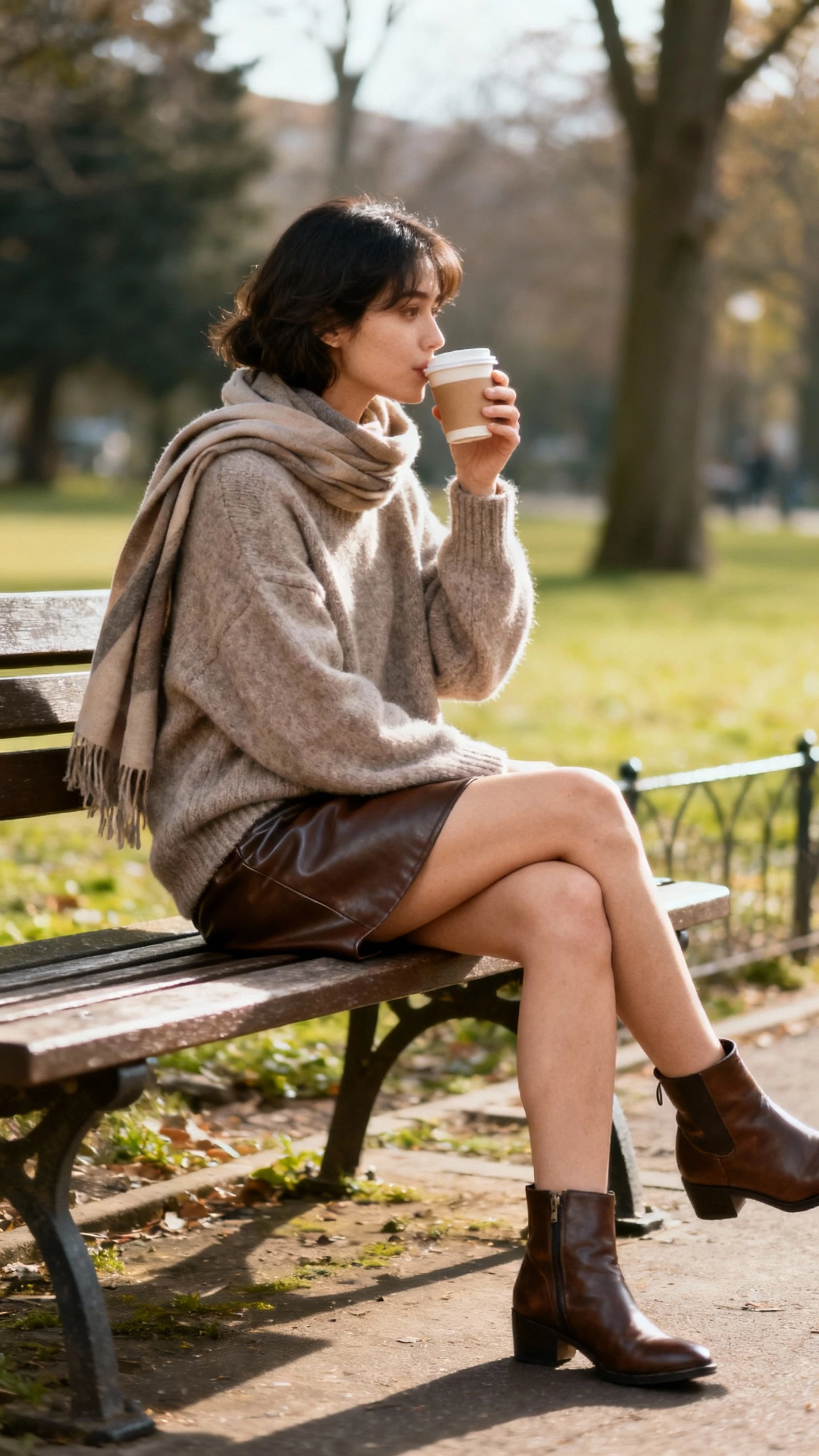 Natural lifestyle photo of a woman in a cozy oversized sweater paired with a leather mini skirt and ankle boots, sipping coffee on a park bench with a scarf draped loosely, face looking away, soft morning light, iPhone photo quality.