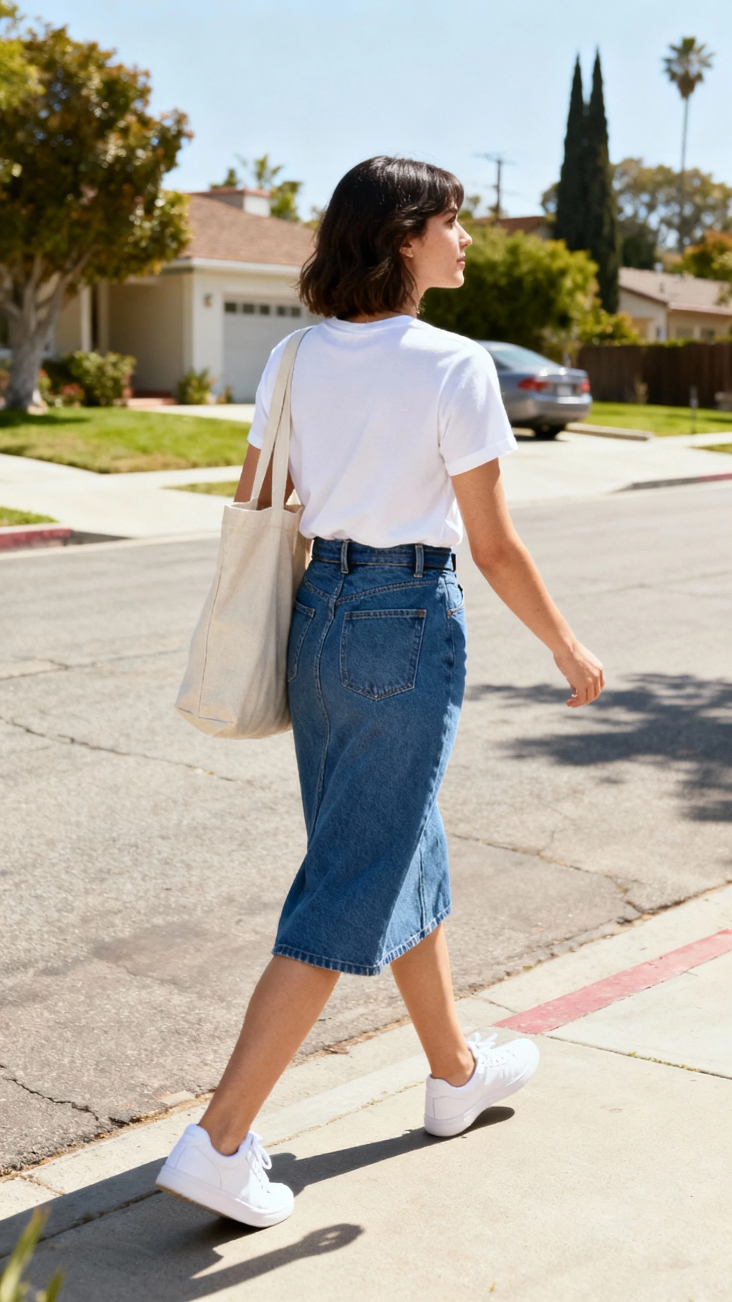 Natural lifestyle photo of a woman wearing a crisp white tee tucked into a classic blue denim skirt with white sneakers and a canvas tote, walking on a sunny neighborhood street, face looking away, natural daylight, iPhone photo quality, unstaged.