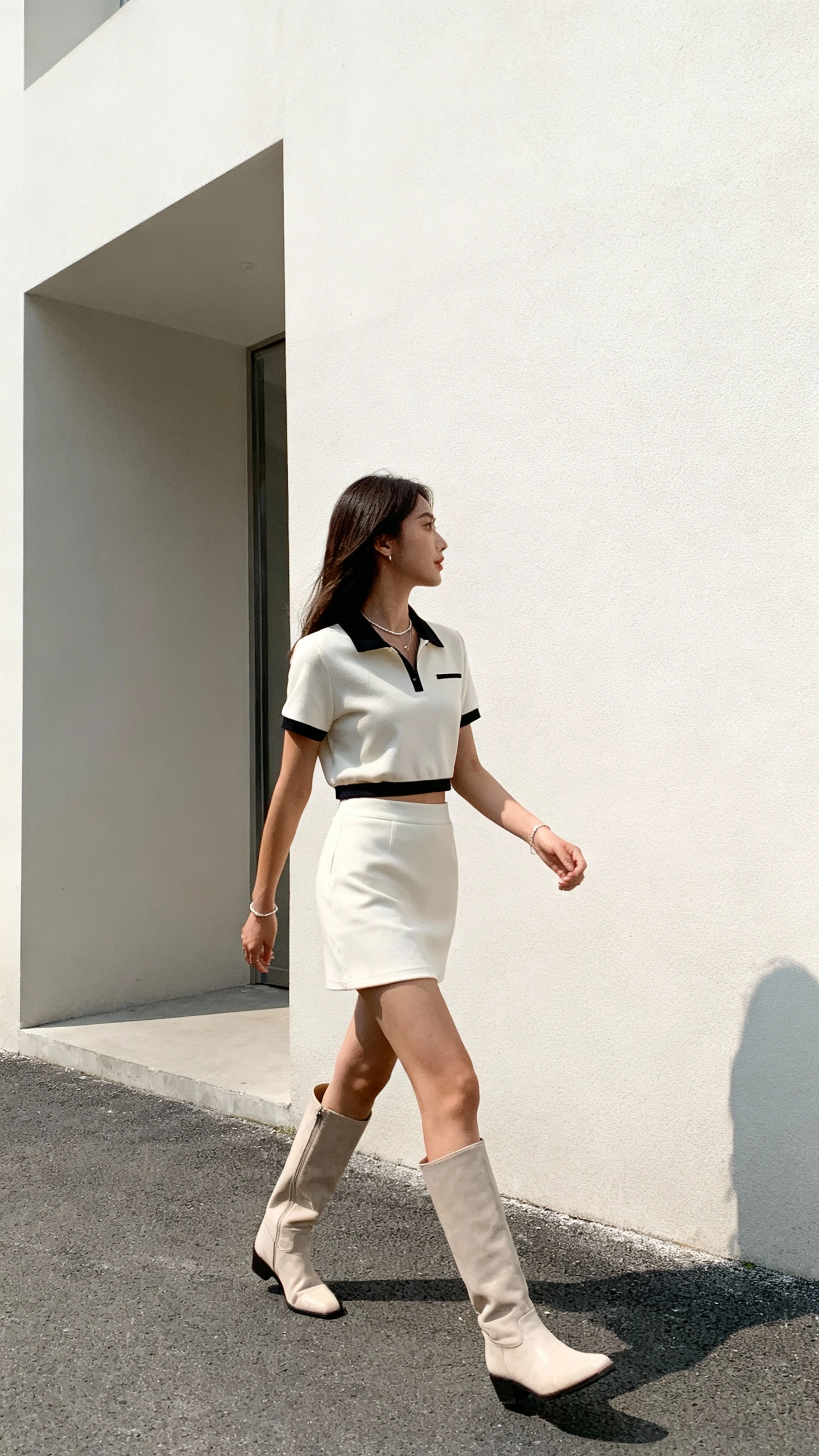 Natural lifestyle photo of a woman wearing a monochrome mini skirt set with tall boots and minimal jewelry, striding along a minimalist building facade, face looking away, crisp daylight, iPhone photo quality.