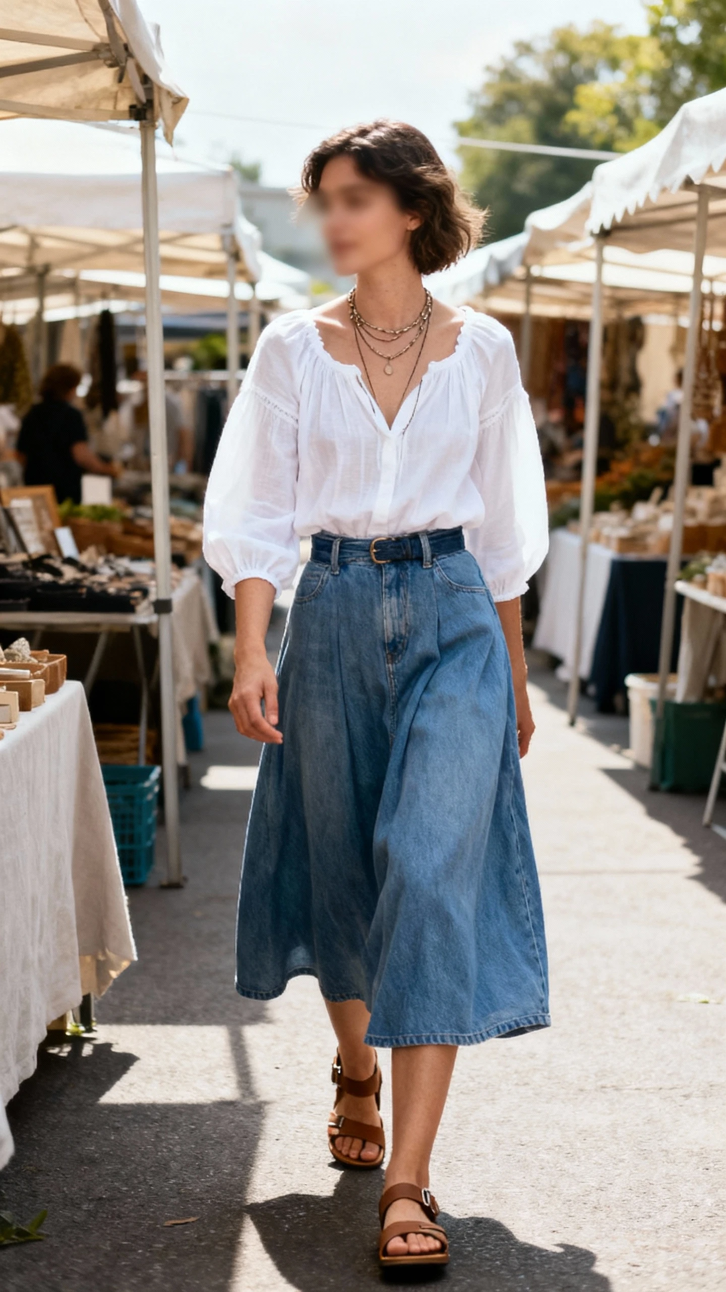 Natural lifestyle photo of a woman wearing a white peasant blouse tucked into a flowy denim midi skirt with sandals and layered necklaces, wandering through a weekend market, face slightly blurred, soft daylight, iPhone photo quality.