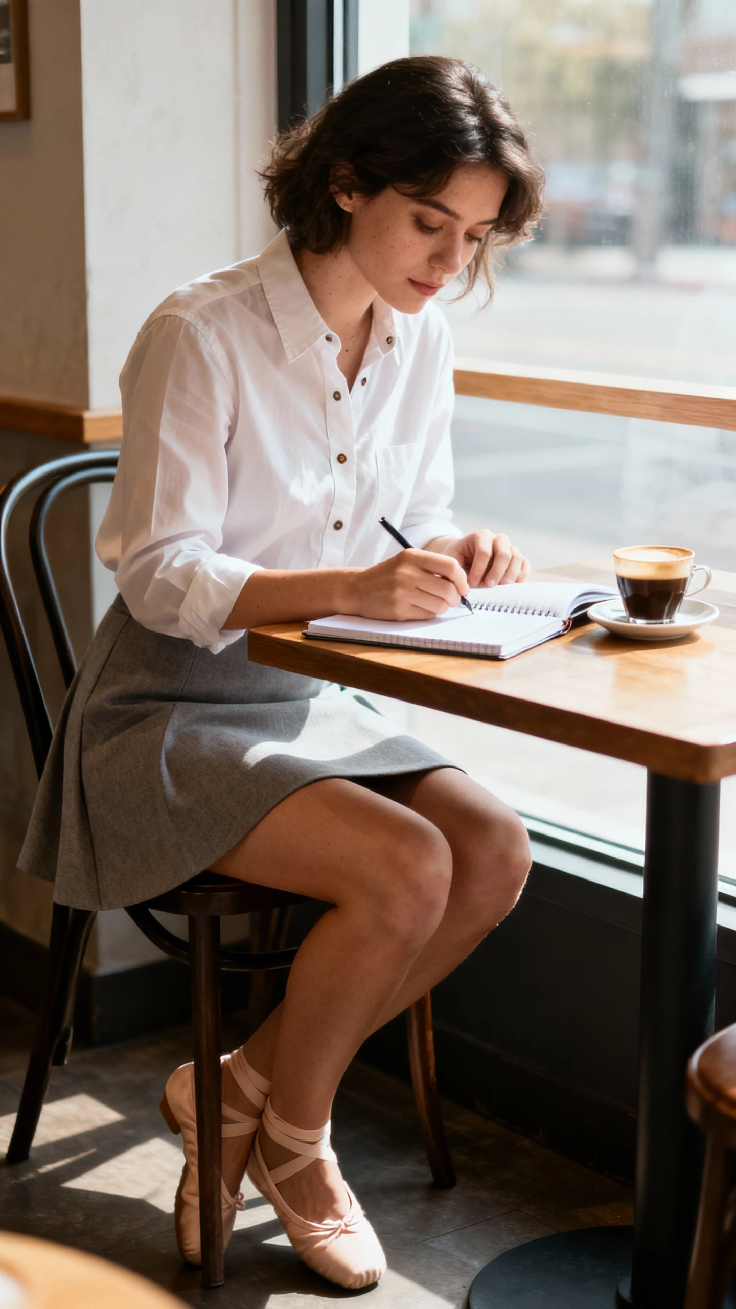 Natural office photo of a woman wearing a crisp button-up shirt with an A-line mini skirt and ballet flats, working at a cafe table with a notebook and espresso, face looking down, soft window light, iPhone photo quality.