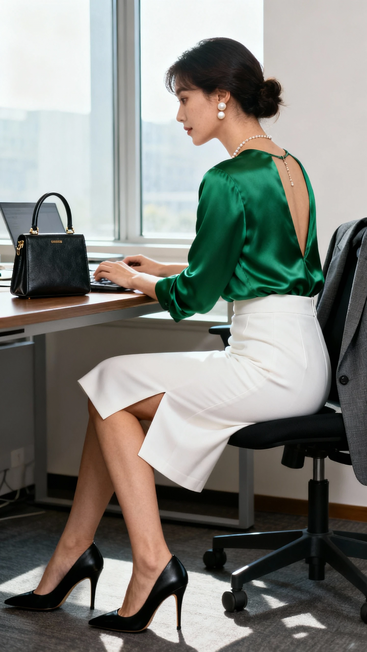 Natural office shot of a woman wearing a white midi pencil skirt with back slit, emerald silk blouse, black stiletto pumps, structured top-handle bag, pearl studs and delicate necklace, tailored blazer on chair, working at a desk, face looking away, window light, iPhone photo quality.