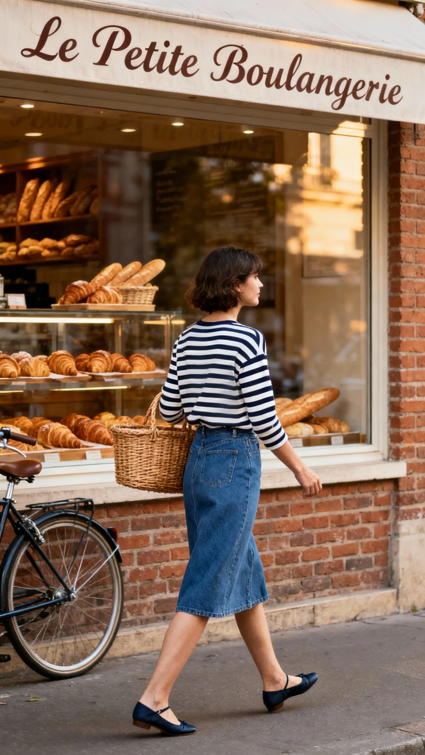 Natural photo of a woman wearing a navy-and-white Breton striped top with a blue denim skirt, ballet flats, and a wicker basket bag, strolling past a bakery, face looking away, natural daylight, iPhone photo quality.