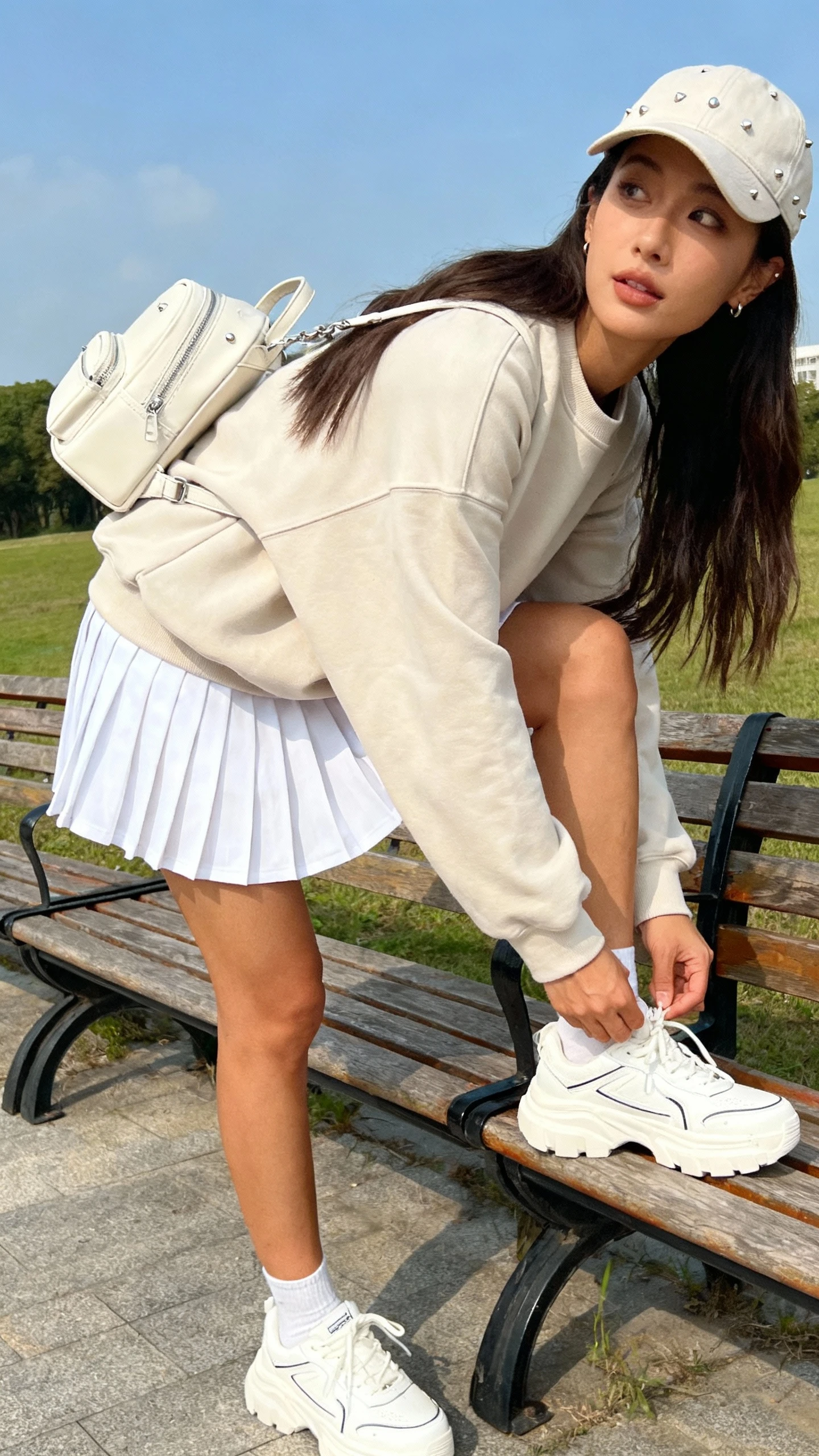 Park candid of a woman wearing a white pleated tennis skirt, oversized oatmeal crewneck sweatshirt, chunky white sneakers, structured mini backpack, baseball cap and minimal studs, tying her shoe near benches, face looking away, bright daylight, iPhone photo quality.