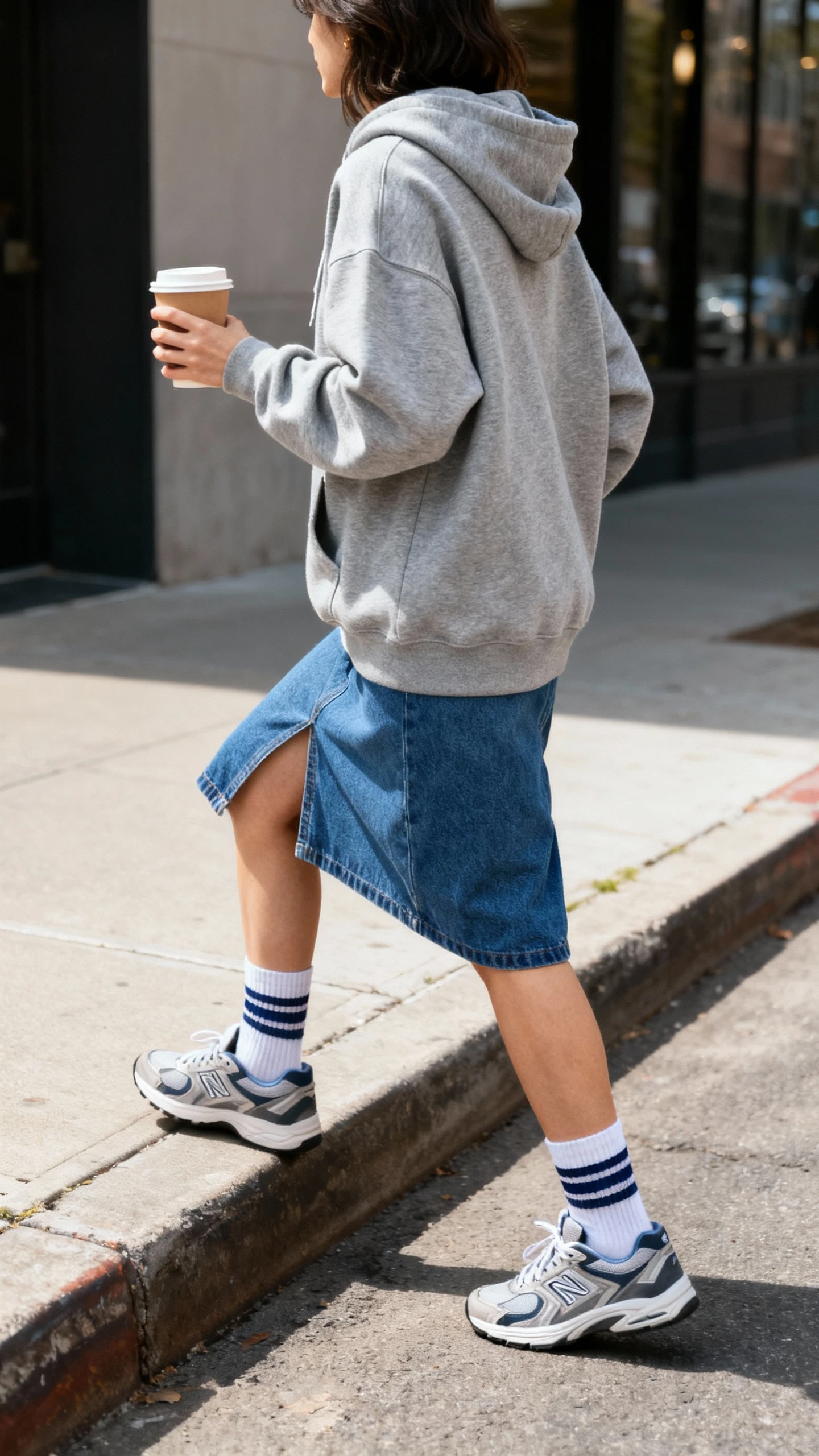 Sporty-chic candid of a woman in a heather gray hoodie with a blue denim skirt, crew socks, and retro sneakers, stepping off a curb with a coffee, face looking away, daylight, iPhone photo quality.