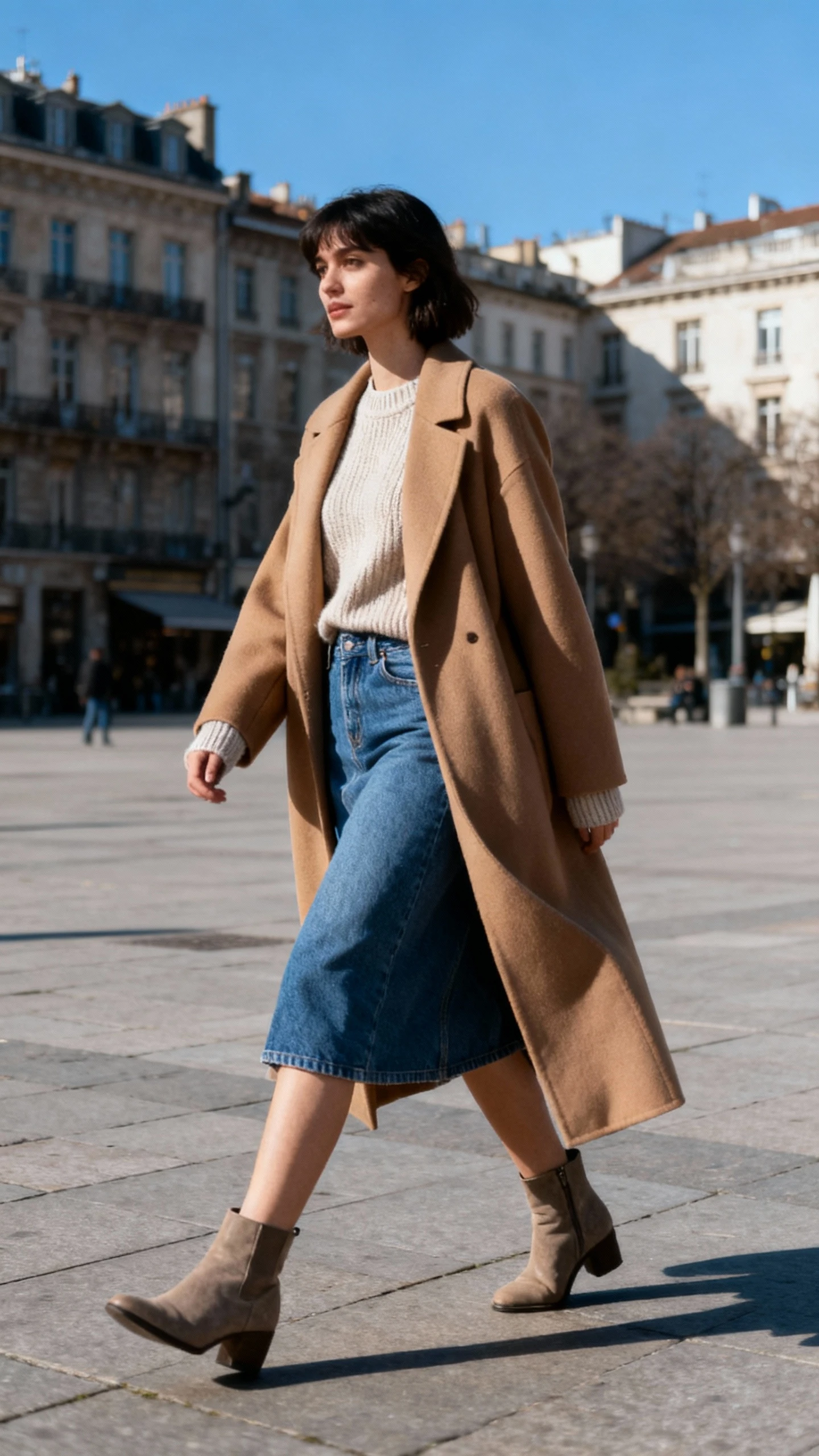 Street-style layering shot of a woman in a longline camel coat over a denim skirt with a lightweight knit and ankle boots, striding across a city plaza, face in shadow, cool daylight, iPhone photo quality.
