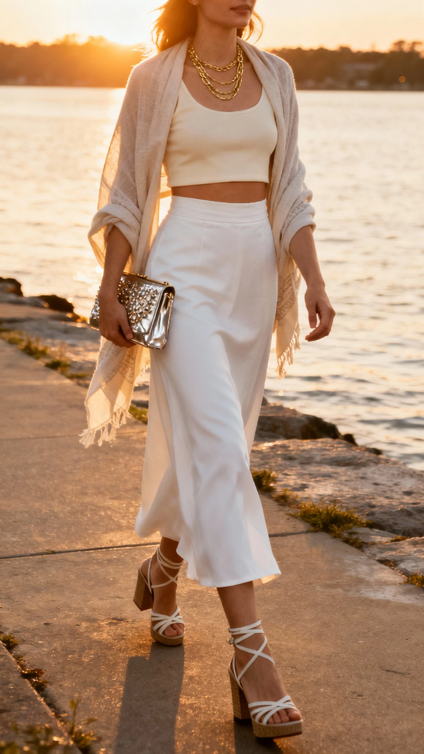 Sunset candid of a woman in a white high-waist maxi skirt, minimal cream crop top, strappy block heels, metallic-detailed clutch, gold layered necklaces, lightweight shawl around shoulders, walking along a waterfront, face slightly blurred, golden hour light, iPhone photo quality.
