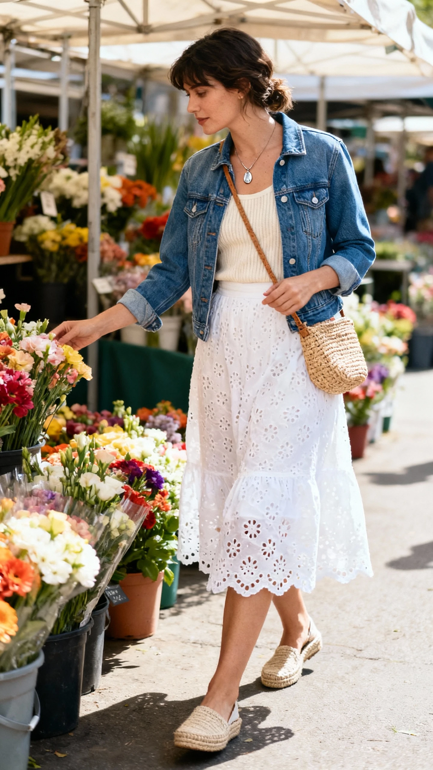 Weekend market candid of a woman wearing a white eyelet midi skirt, classic blue denim jacket, cream knit tank, espadrilles, woven crossbody, delicate pendant necklace, browsing flower stalls, face looking away, sunny daylight, iPhone photo quality.