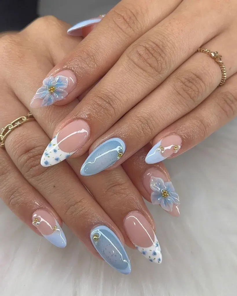 Floral Accent Tips With Soft Blue and Nude Balance