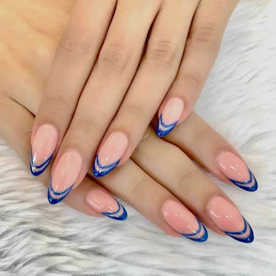 Soft Peach Base With Double Blue French Tip Nails Layers