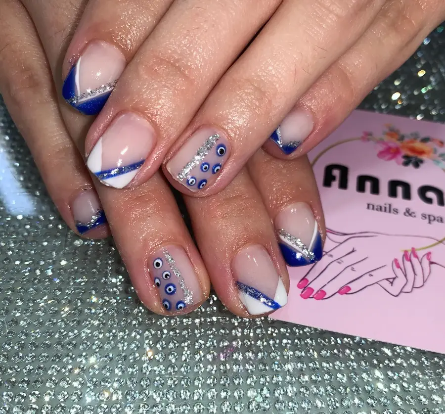 Blue and White Diagonal Tips With Sparkle Accents