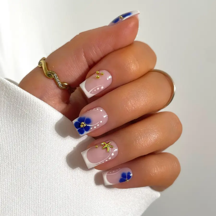 White French Tips With Blue Floral Accents
