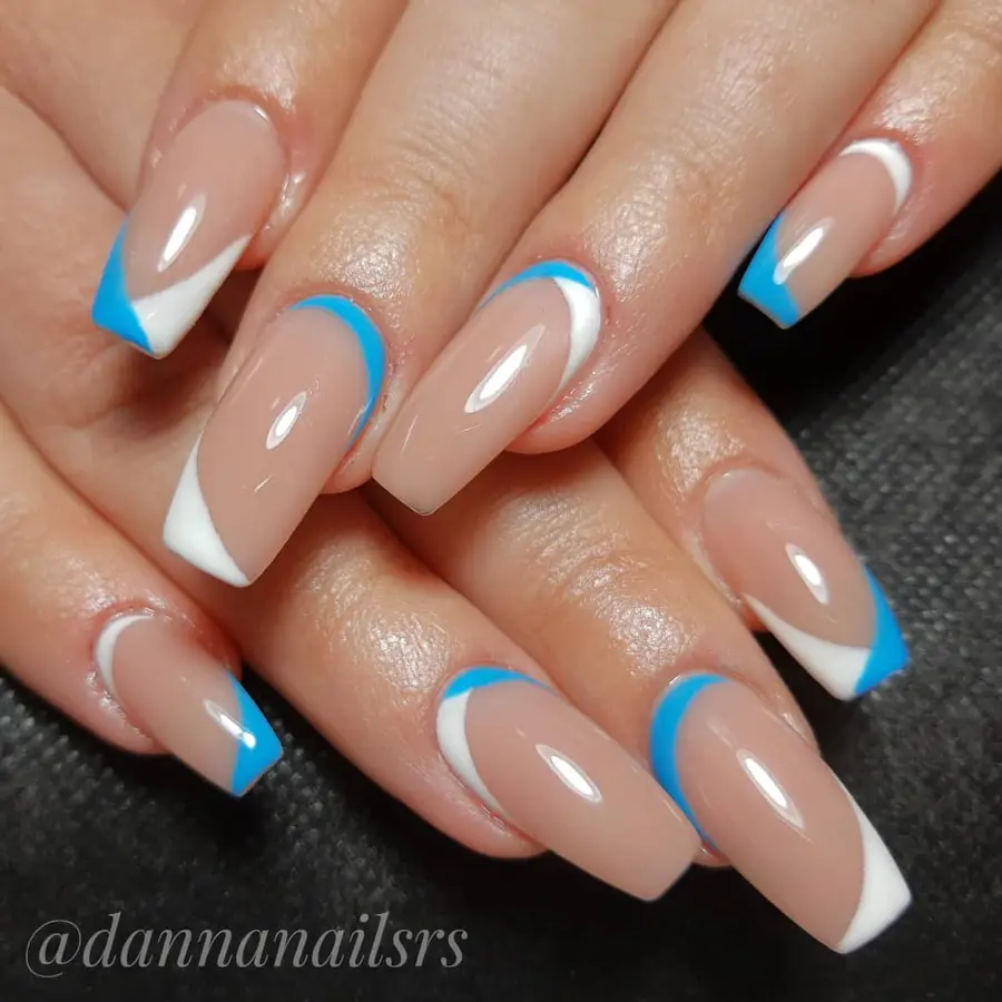 Blue and White Double French Tips With Clean Lines