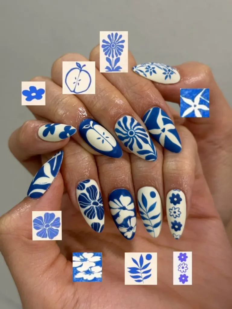 Bold Blue and White Floral Art Nails