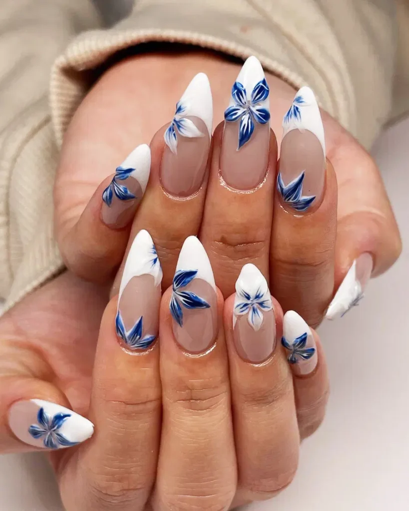 White French Tips With Soft Blue Floral Art