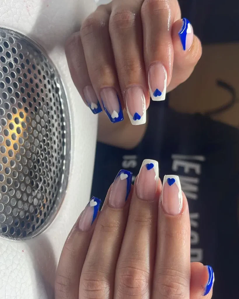 Blue French Tips With Cute Heart Details