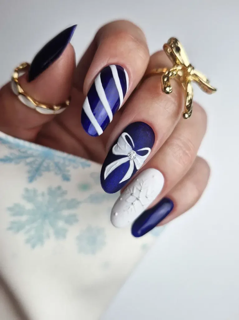 Deep Blue and White Nails With Elegant Bow Details
