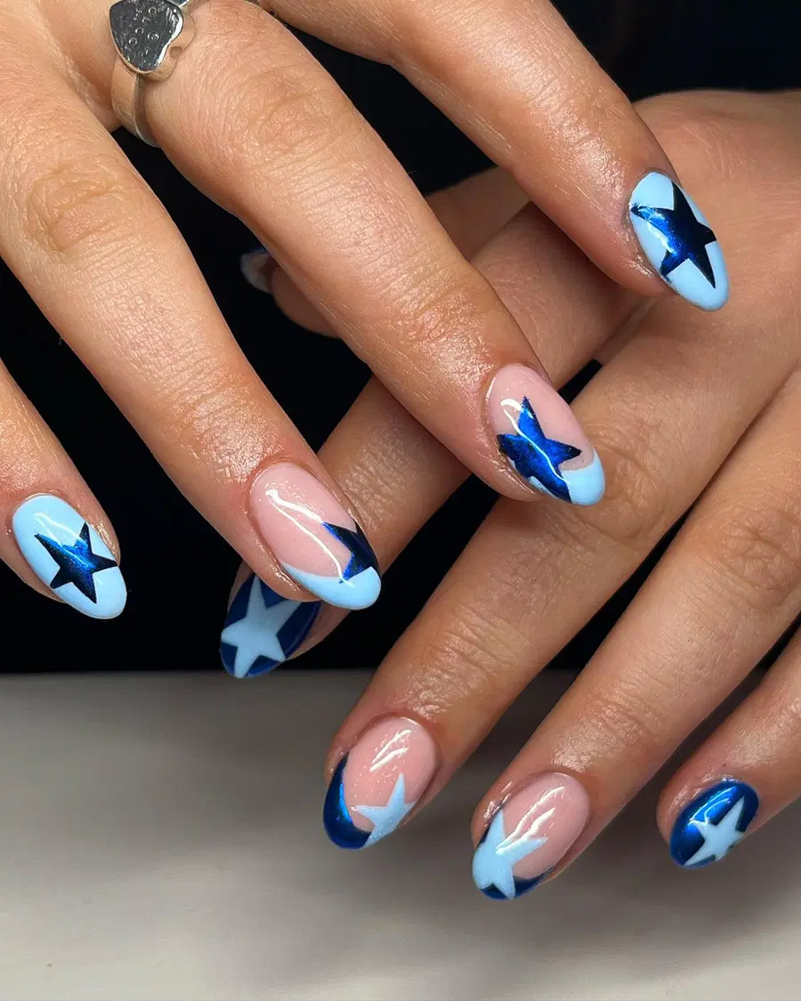 Baby Blue Chrome Star Tips With Soft Nude Base
