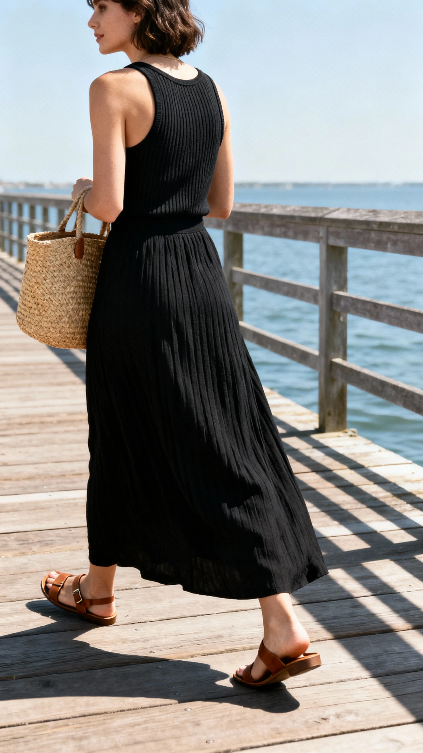 Beachy vacation candid of a woman in a black maxi skirt with a ribbed tank, flat leather sandals, and a straw tote, walking along a boardwalk by the water, face looking away, sunny natural light, iPhone photo quality.