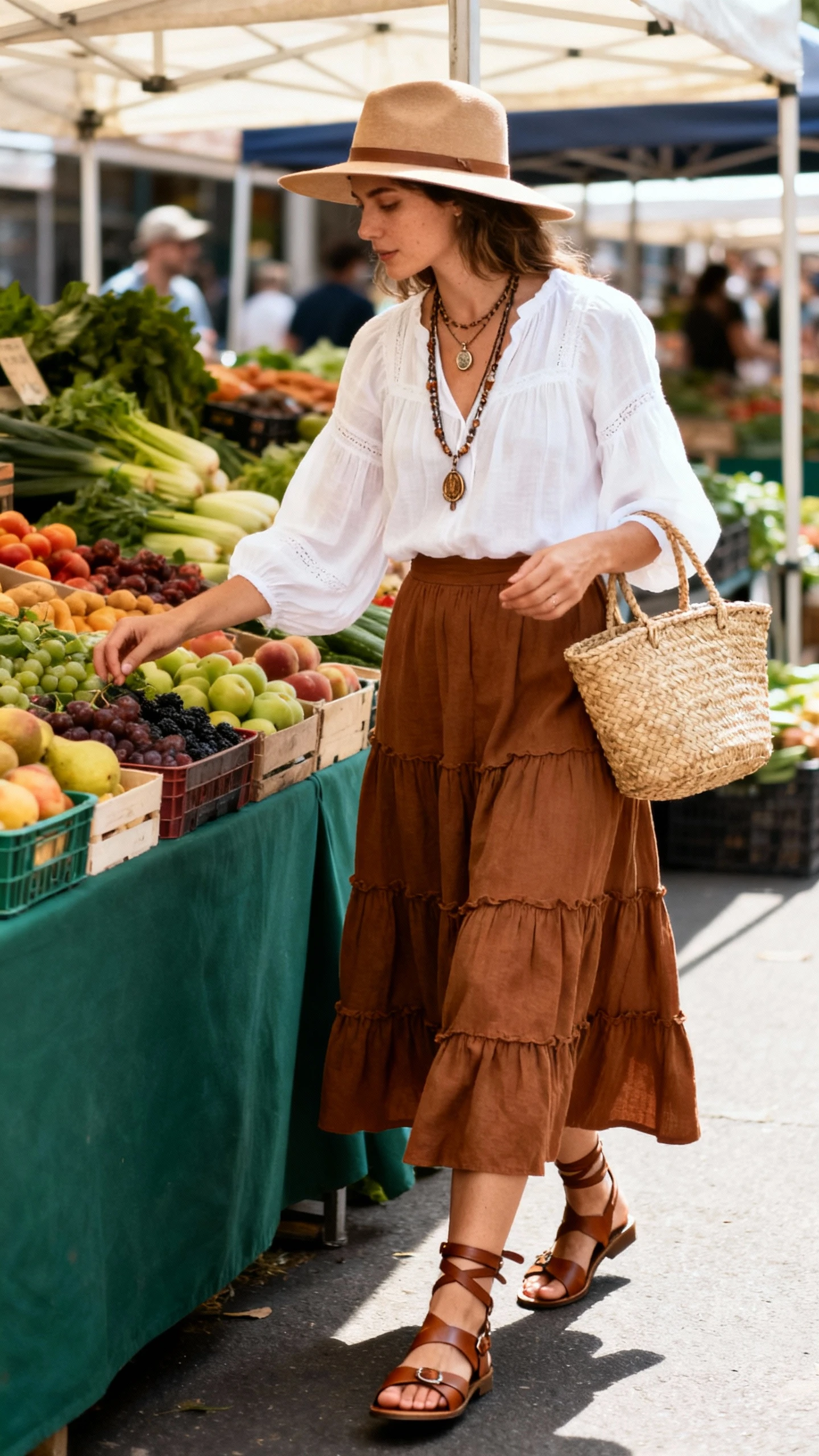 Boho street candid of a woman in a brown tiered midi skirt, white peasant blouse, leather strappy sandals, woven basket bag, layered pendants, and an optional wide-brim hat, browsing a farmers market, face slightly blurred, natural daylight, iPhone aesthetic.