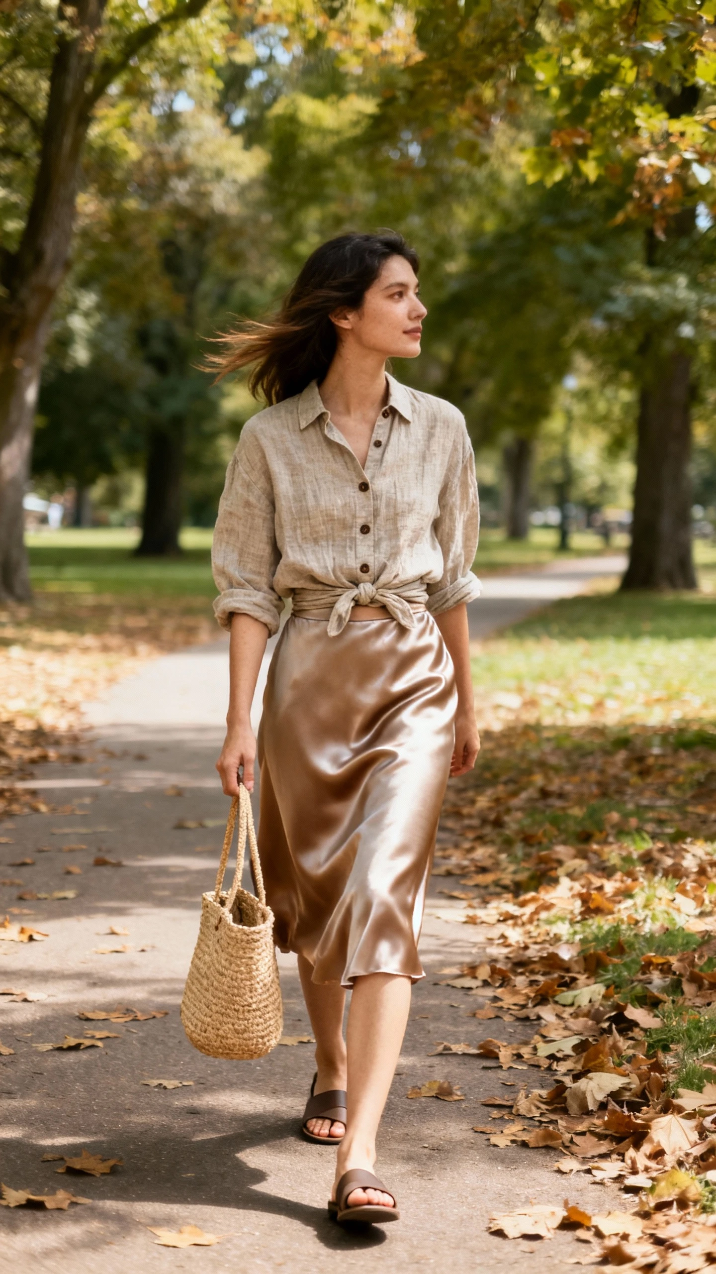 Breezy daytime photo of a woman in a linen button-up loosely tucked into a satin skirt with flat sandals and straw tote, walking along a leafy park path, face looking away, bright natural light, iPhone candid.