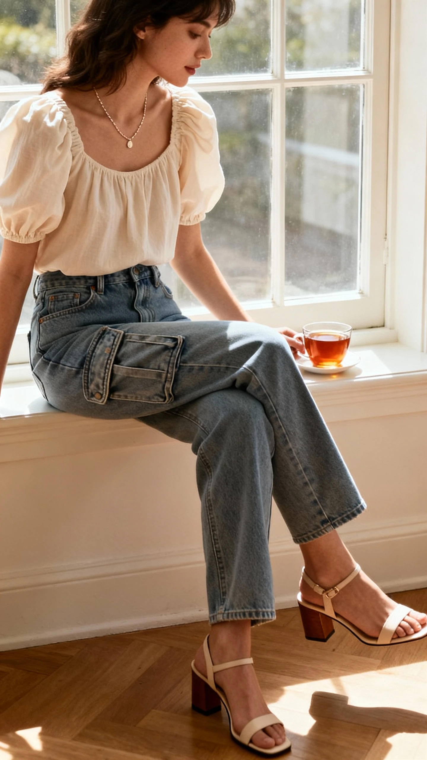 Cafe candid of a woman wearing cargo jeans, soft puff-sleeve blouse, delicate necklace, and block-heel sandals, seated by a window with tea, face looking down and away, warm window light, iPhone photo quality.