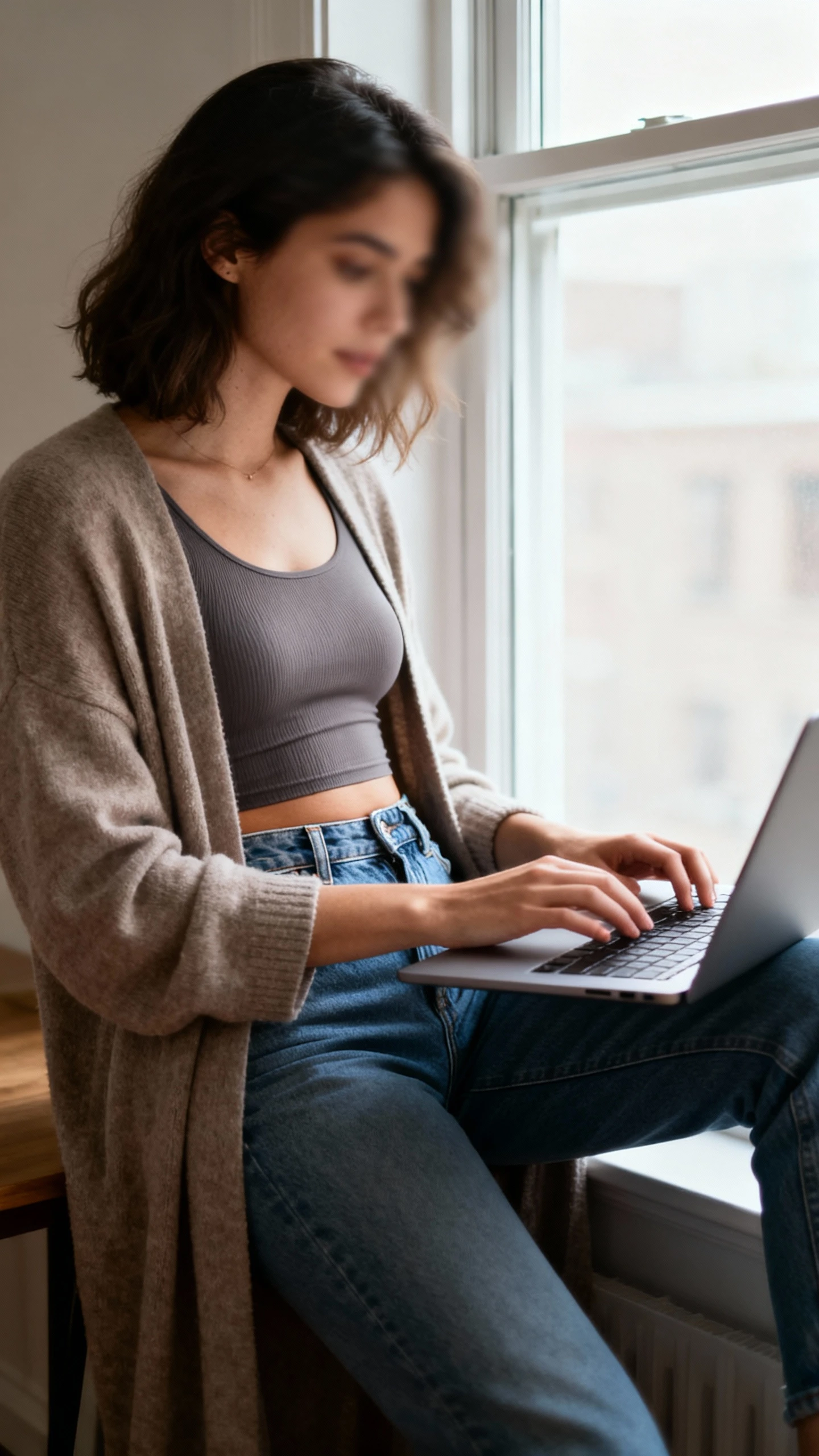 Candid indoor photo of a woman in low-waist jeans with a fitted bodysuit and a longline cardigan, working at a laptop by a window, face slightly blurred, gentle window light, iPhone photo quality.