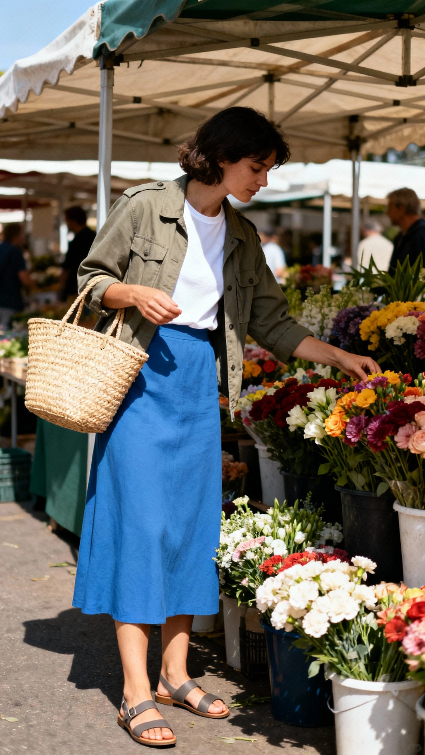 Candid market photo of a woman in a blue midi skirt, crisp white tee, and a utility jacket with flat sandals and a straw tote, selecting flowers at an outdoor stall, face in shadow, bright daylight, iPhone photo quality.