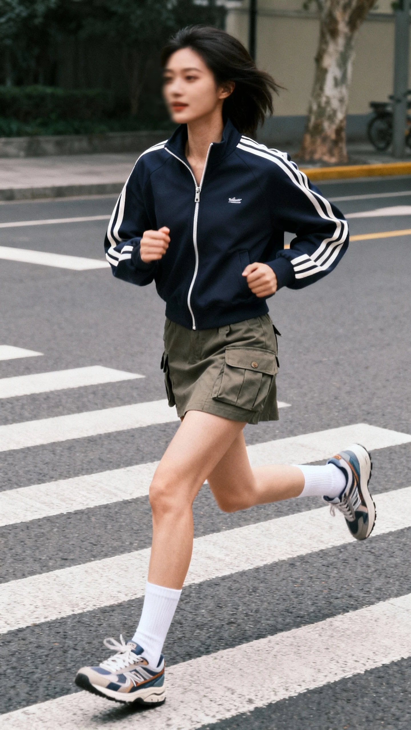 Candid photo of a woman in a sporty cargo mini skirt with a zip-up track jacket, high socks, and retro trainers, jogging across a crosswalk, face slightly blurred, overcast daylight, casual iPhone aesthetic.