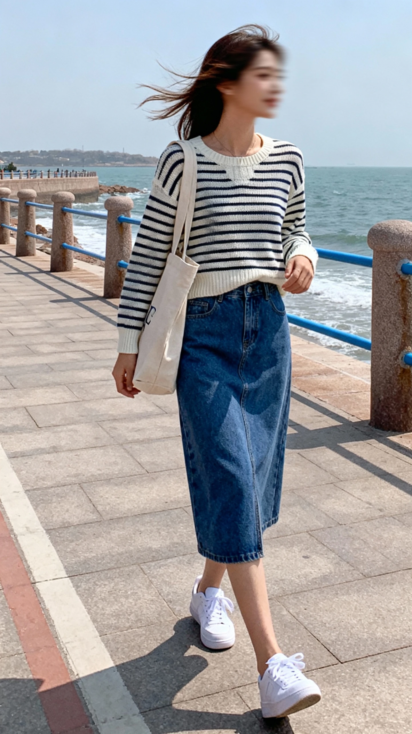 Candid photo of a woman in a striped knit top and a denim blue skirt with white sneakers and a canvas tote, strolling along a coastal boardwalk, face slightly blurred, breezy daylight, casual iPhone aesthetic.