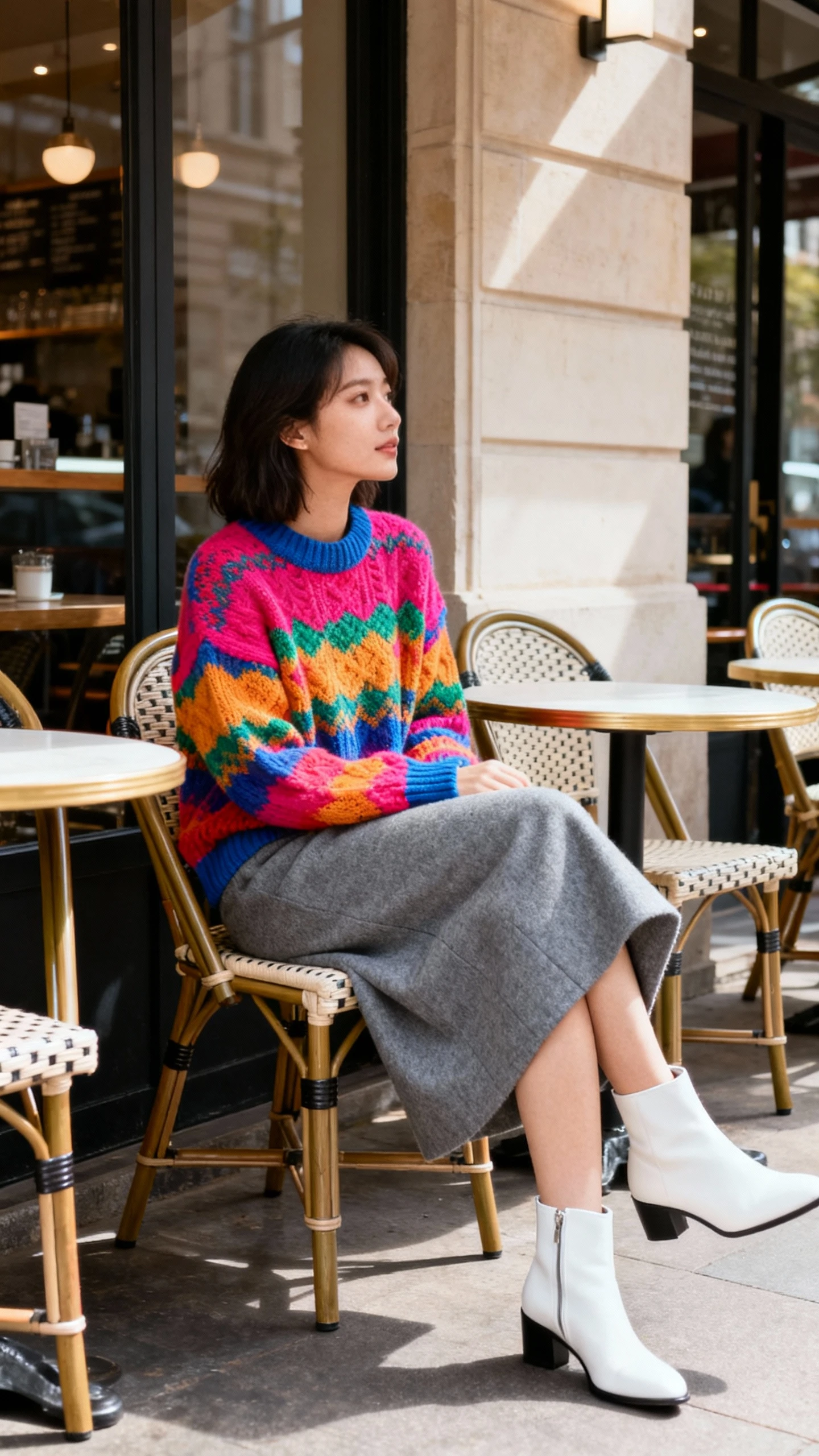 Candid photo of a woman wearing a grey wool skirt, bright colorful knit sweater, and white ankle boots, sitting on café patio chairs, face looking away, crisp daylight, iPhone photo quality.