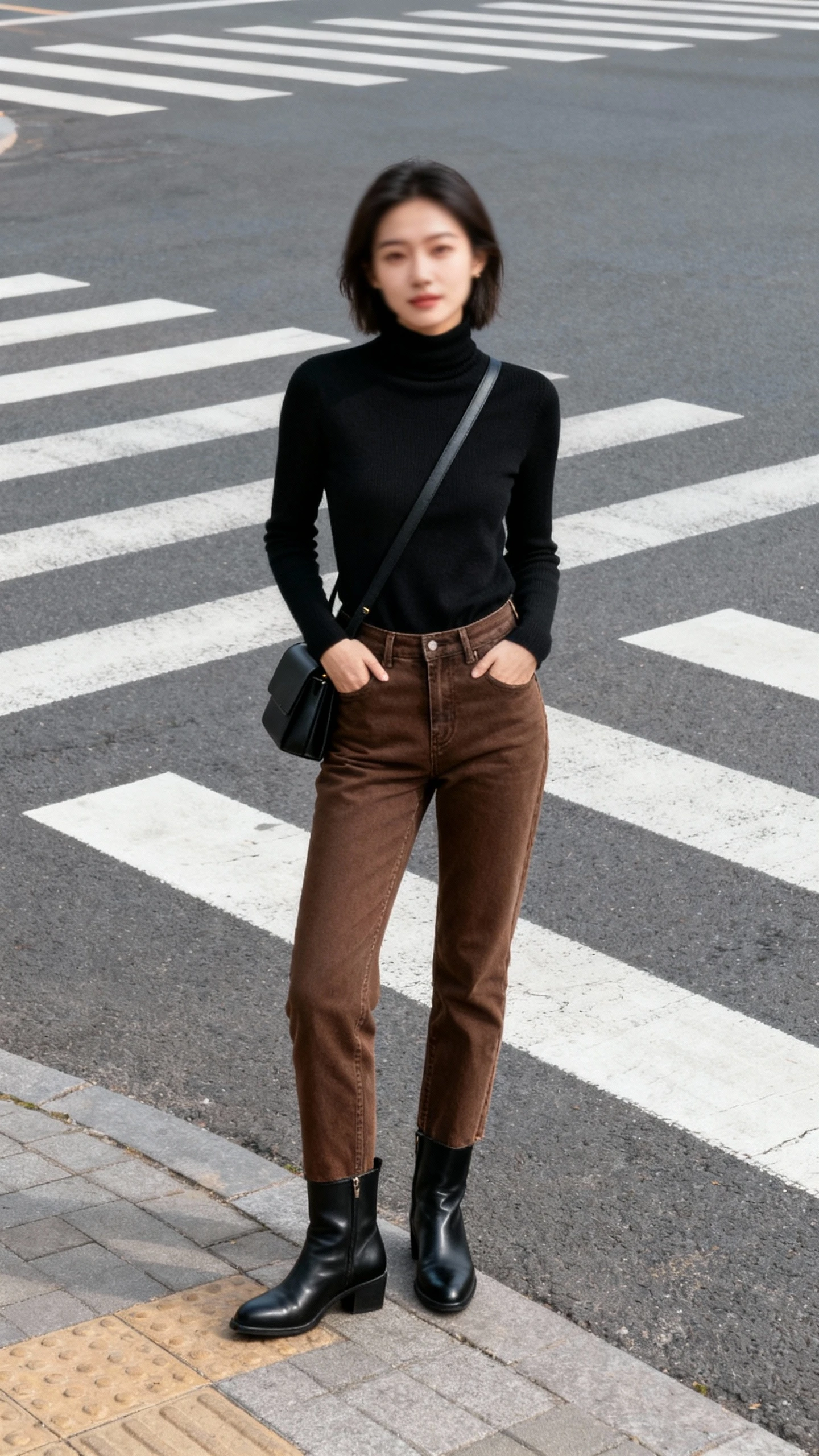 Candid photo of a woman wearing a minimalist black turtleneck, brown jeans, black leather ankle boots, slim black shoulder bag, standing at a crosswalk, face slightly blurred, moody natural daylight, iPhone photo quality.