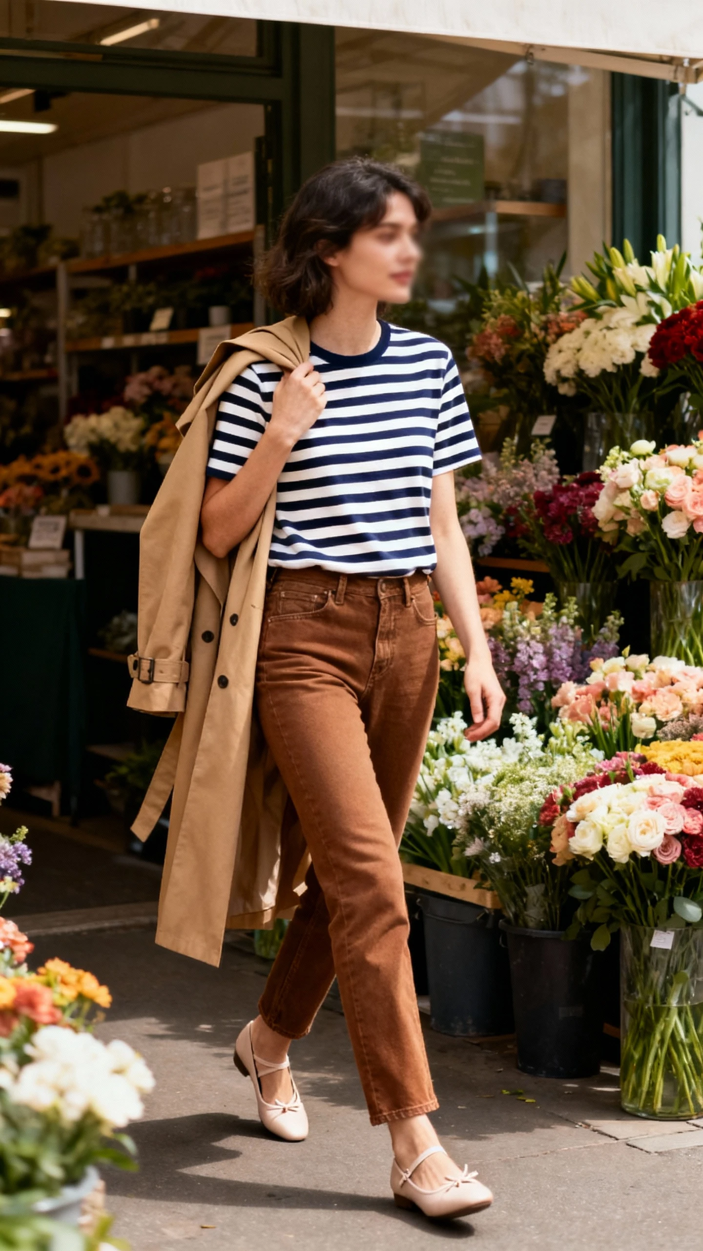 Candid photo of a woman wearing a navy-and-cream Breton stripe tee, brown jeans, tan trench draped over shoulders, ballet flats, strolling past a flower stand, face slightly blurred, natural daylight, iPhone photo quality.