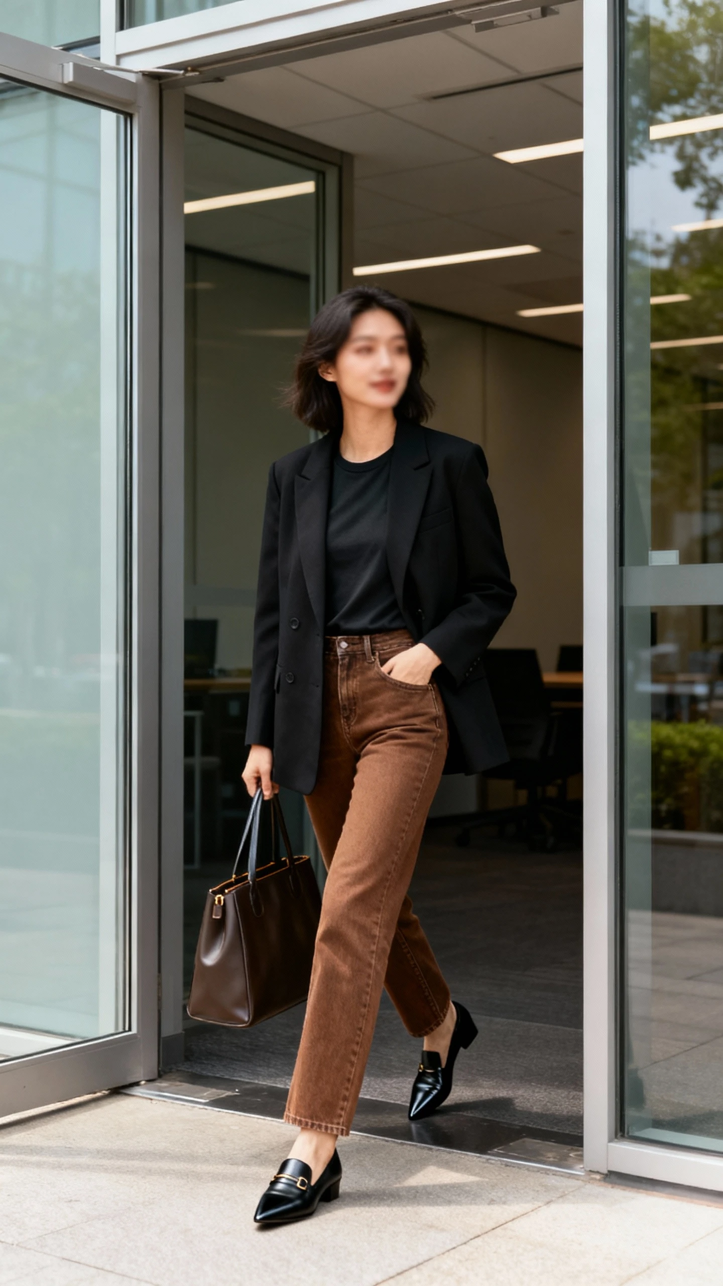 Candid photo of a woman wearing a tailored black blazer over a simple tee, brown straight-leg denim, pointed black loafers, structured tote, stepping out of an office building, face slightly blurred, soft natural daylight, iPhone snapshot.
