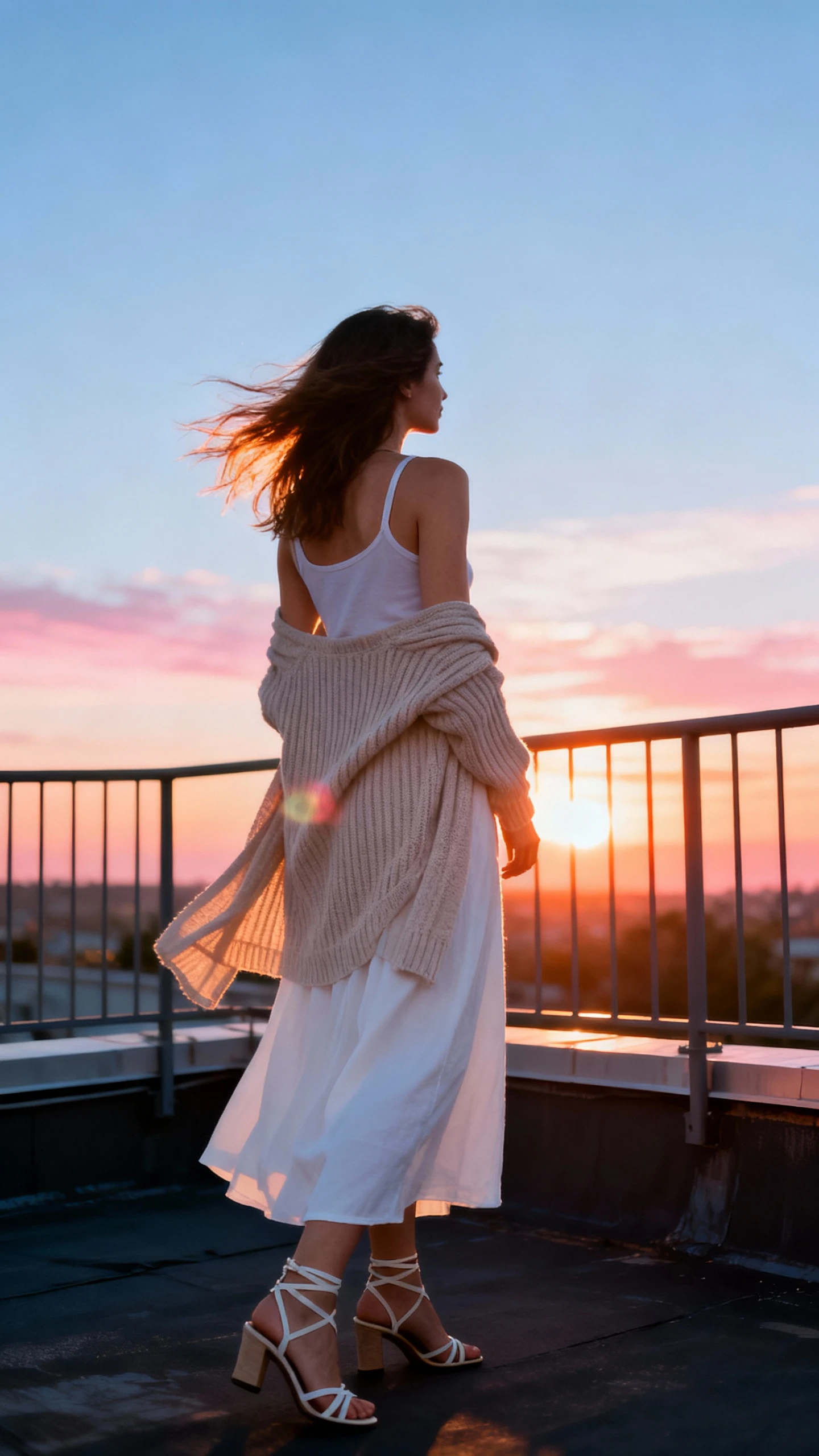 Candid photo of a woman wearing a white maxi skirt with a soft ribbed knit tank and strappy heeled sandals, lightweight cardigan draped over shoulders, standing by a rooftop railing at golden hour, face looking away, warm sunset light, iPhone photo quality.