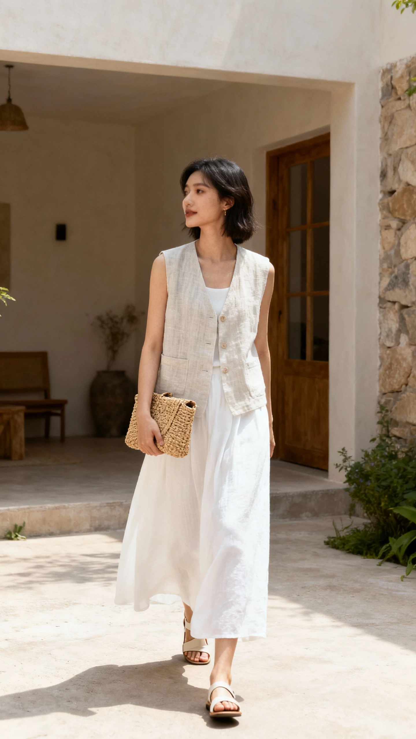 Candid photo of a woman wearing a white maxi skirt with a matching linen vest set, minimalist sandals, and a woven clutch, walking through a breezy courtyard, face looking away, soft daylight, casual iPhone aesthetic.