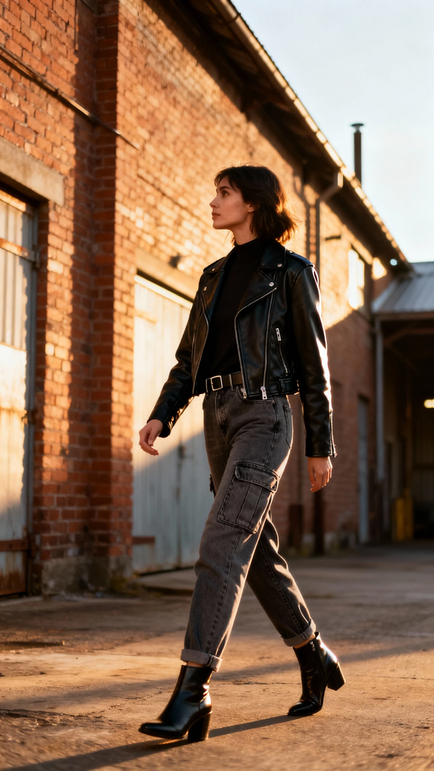 Candid photo of a woman wearing cargo jeans, black leather moto jacket, sleek ankle boots, and a minimal belt, walking past brick warehouses, face in shadow looking away, golden-hour light, iPhone photo quality.