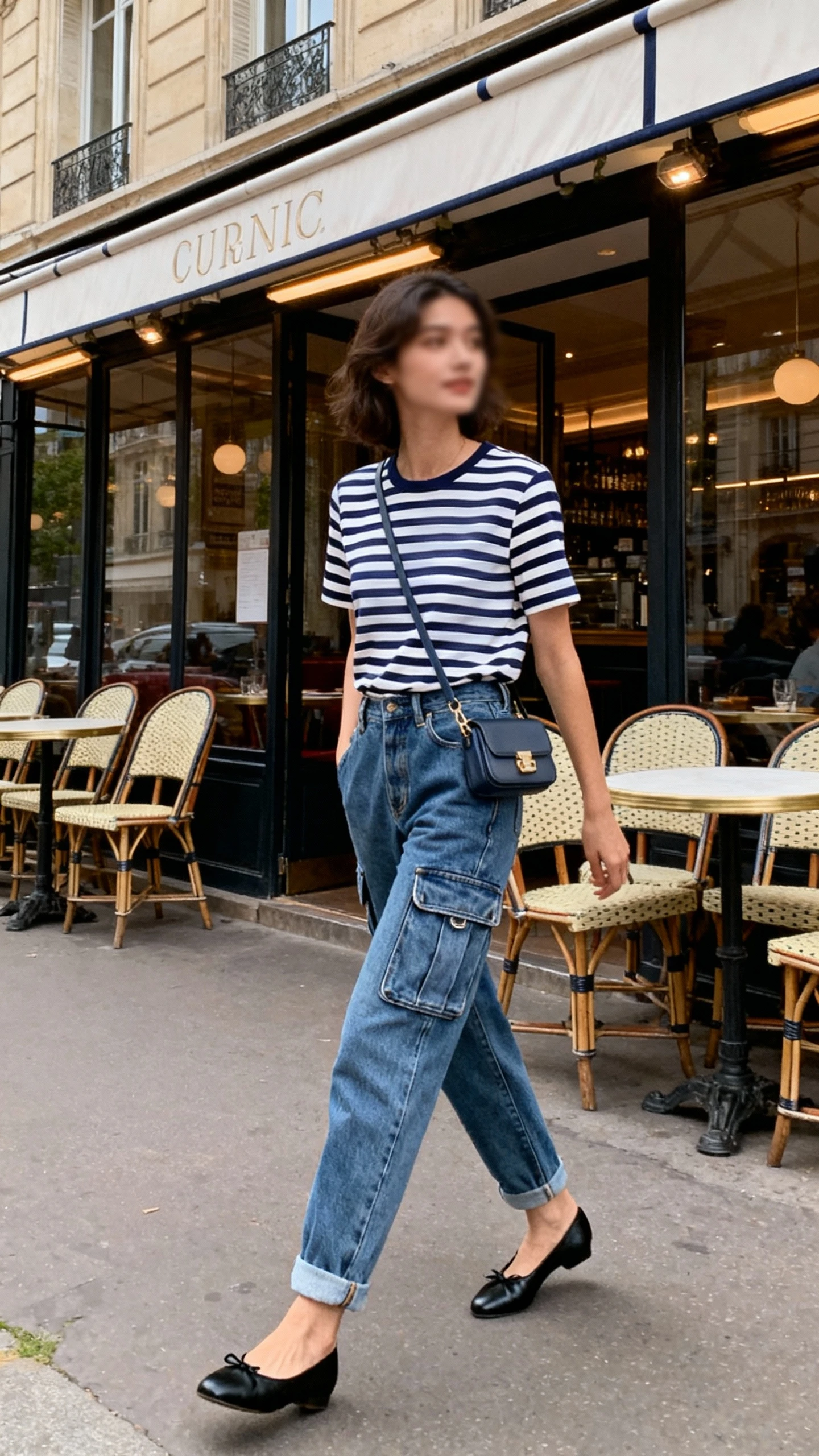 Candid photo of a woman wearing cargo jeans, classic navy-and-white Breton striped tee, black ballet flats, and a small crossbody bag, strolling past a Parisian-style cafe, face slightly blurred, soft daylight, casual iPhone aesthetic.