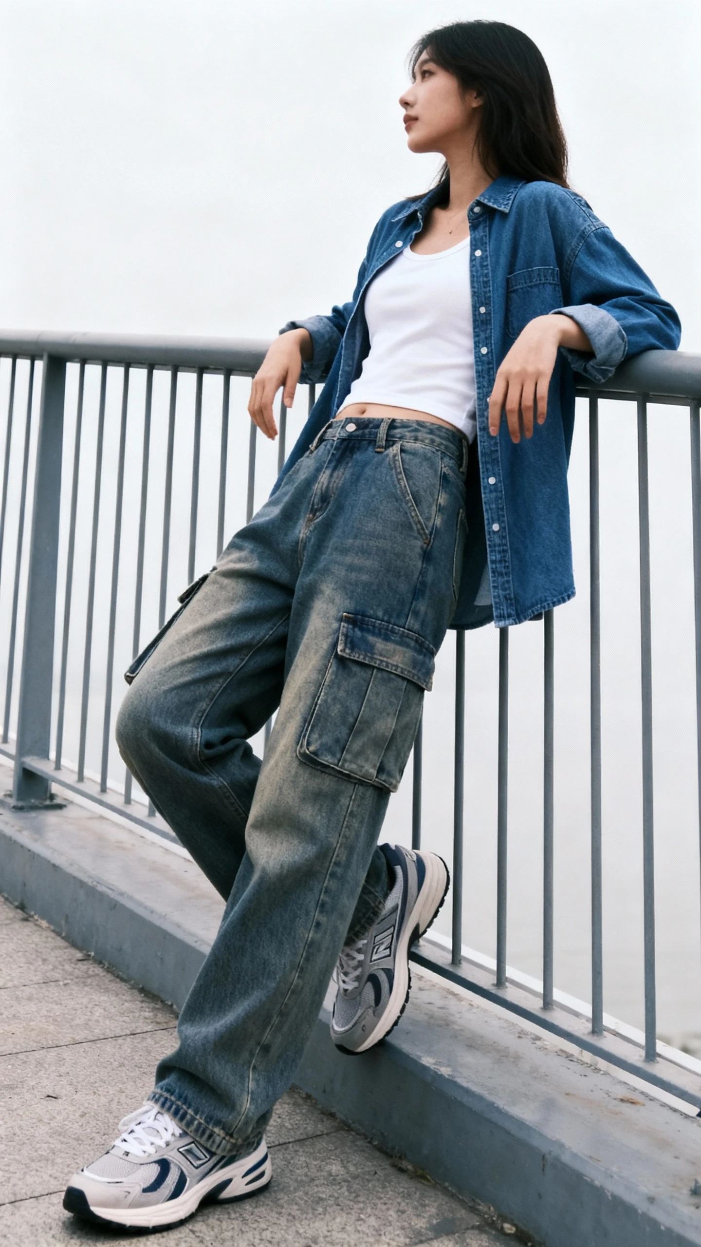 Candid shot of a woman wearing cargo jeans with a denim shirt jacket, layered over a white tank, and classic sneakers, resting against a metal railing, face looking away, overcast daylight, iPhone photo quality.