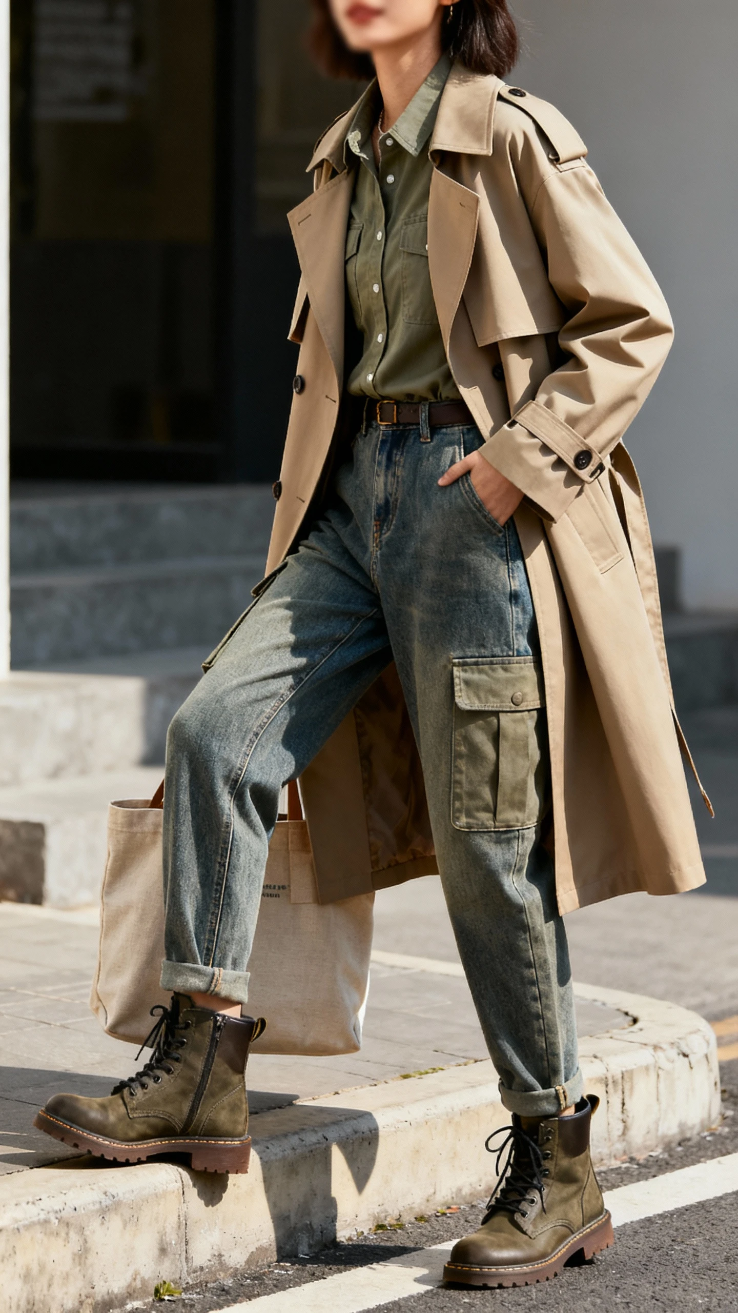 Candid street shot of a woman in cargo jeans with a matching utility shirt jacket, crisp structured trench layered over, sturdy boots, and a canvas tote, stepping off a curb, face slightly blurred, natural daylight, iPhone vibe.