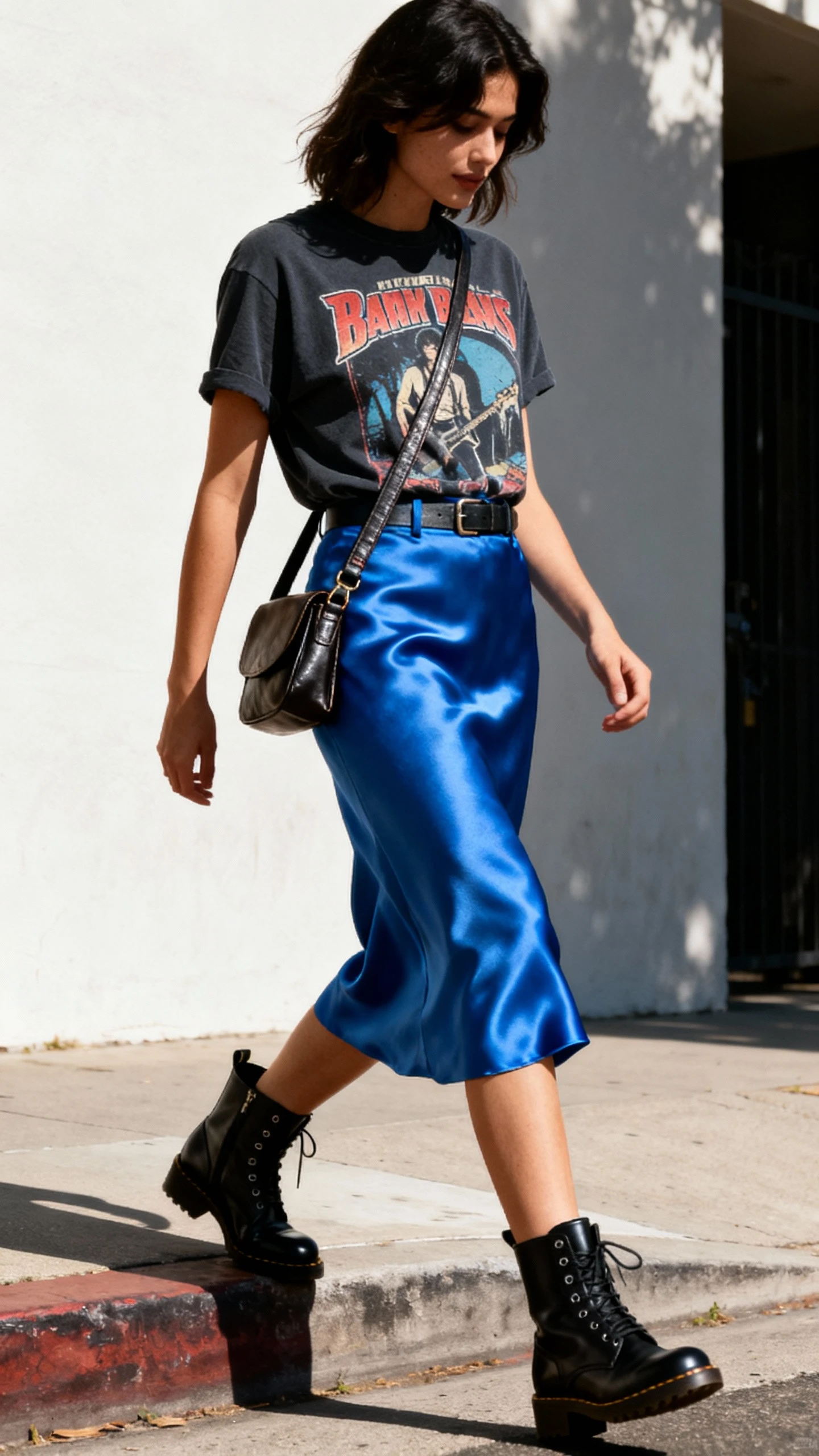 Candid street shot of a woman wearing a vintage band tee tucked into a blue satin skirt with black moto boots and a leather crossbody, stepping off a curb, face in shadow, natural daylight, iPhone photo quality.