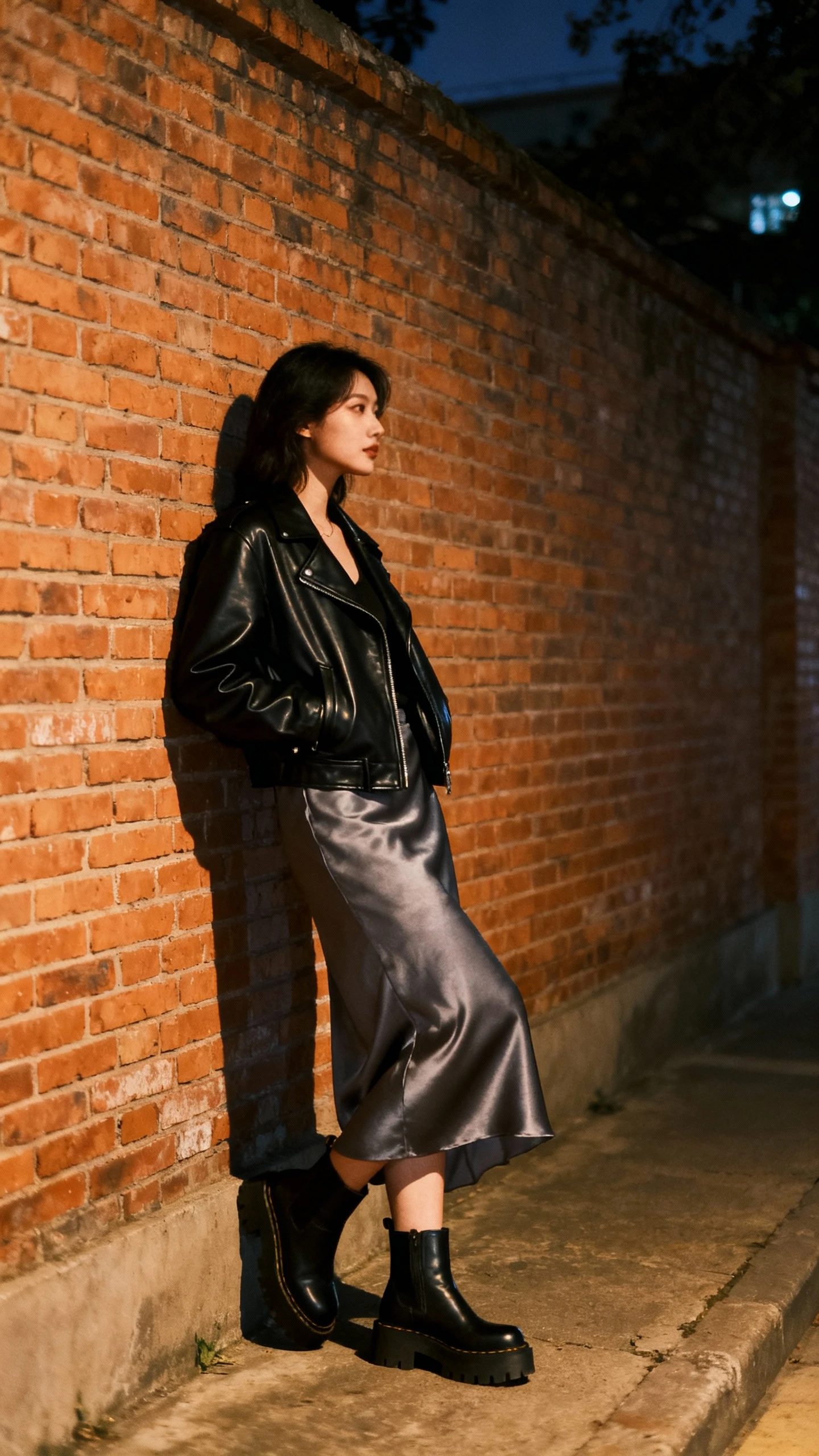 Candid urban photo of a woman in a black leather jacket, satin grey slip skirt, and chunky ankle boots, leaning against a brick wall, face in shadow looking aside, evening streetlight glow, iPhone photo quality.