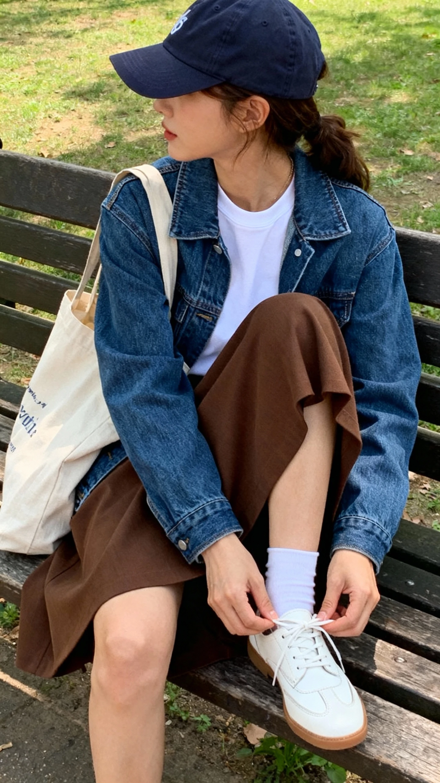 Casual candid of a woman in a brown A-line skirt, classic blue denim jacket, white crewneck tee, white leather sneakers, canvas tote, and a baseball cap, sitting on a park bench tying her shoe, face looking away, natural daylight, iPhone photo quality.