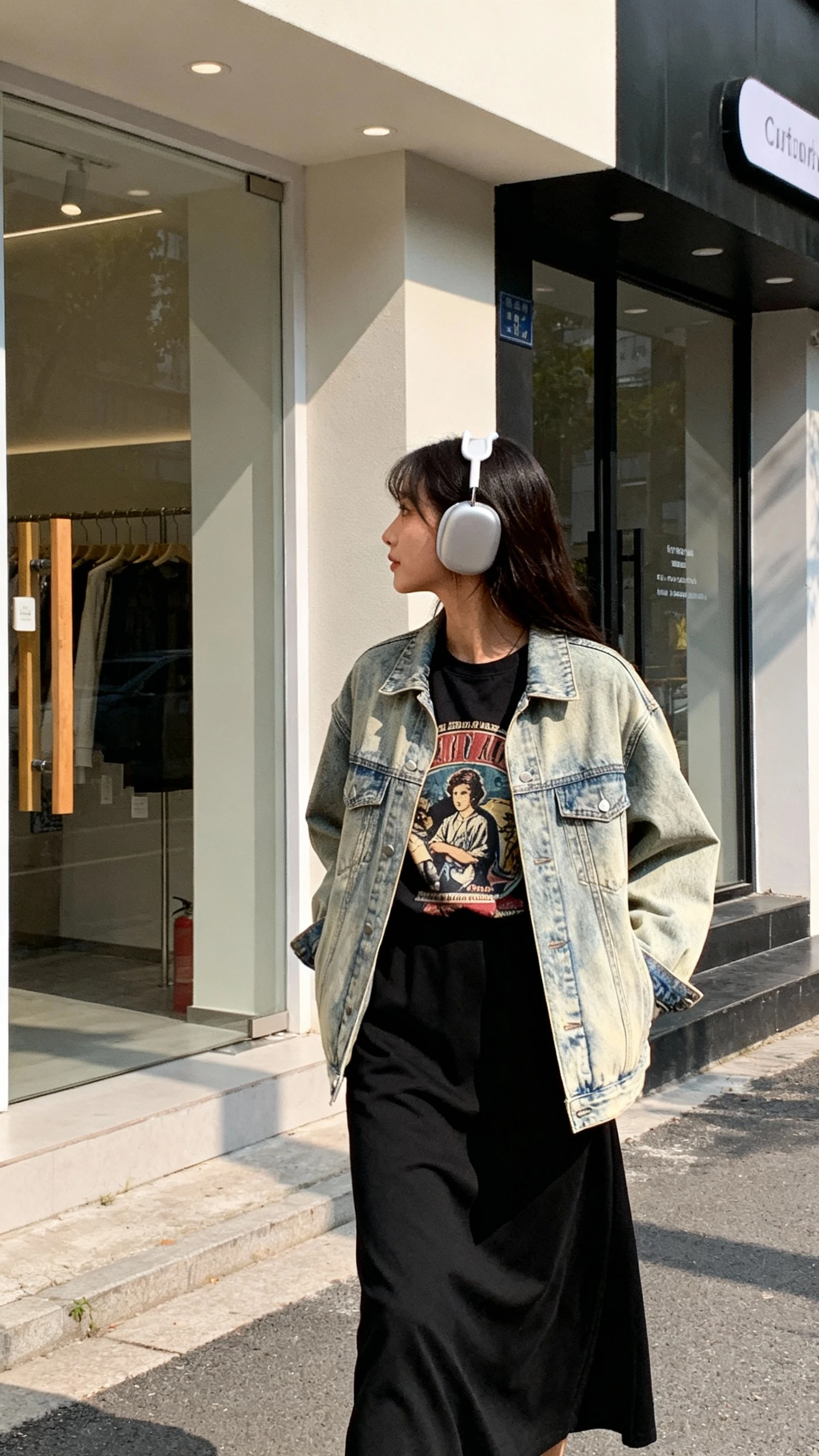 Casual errand candid of a woman in a black maxi skirt with a vintage graphic tee and a light-wash denim jacket, walking past storefronts with headphones on, face looking away, natural daylight, iPhone quality.